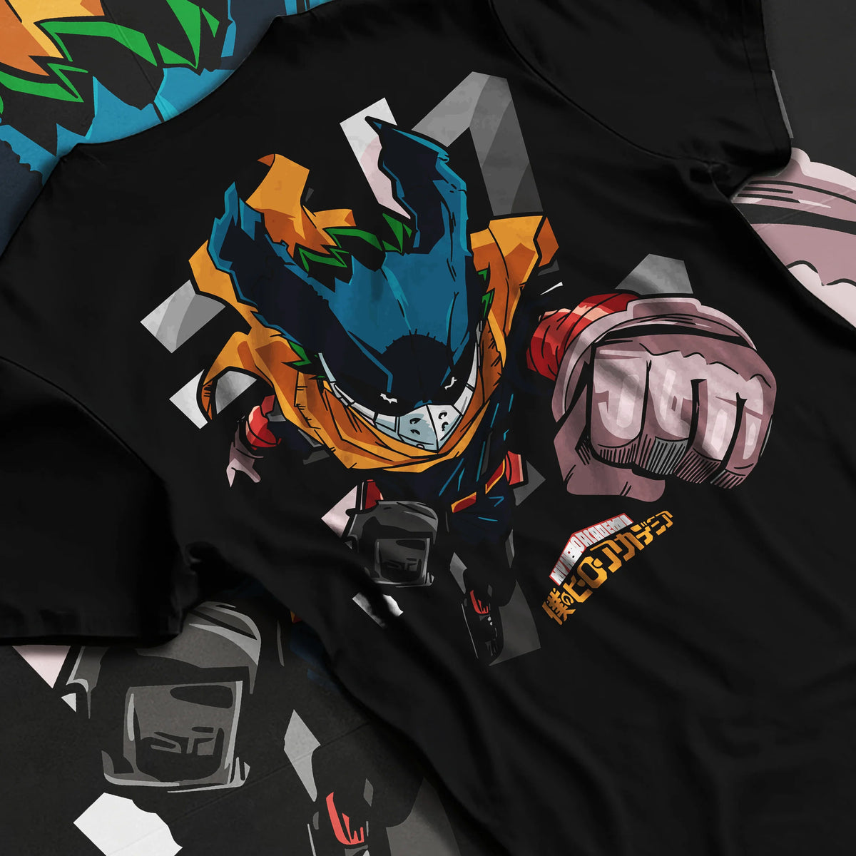 Black T-shirt flat back view showing Deku from My Hero Academia: stylised chibi hero suit with extended fist