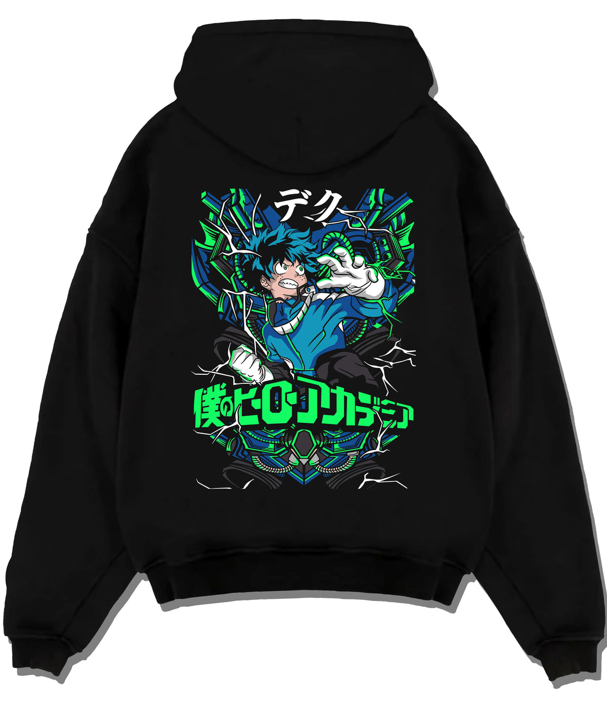 Black hoodie flat back view showing Deku from My Hero Academia: blue and green energy superhero composition