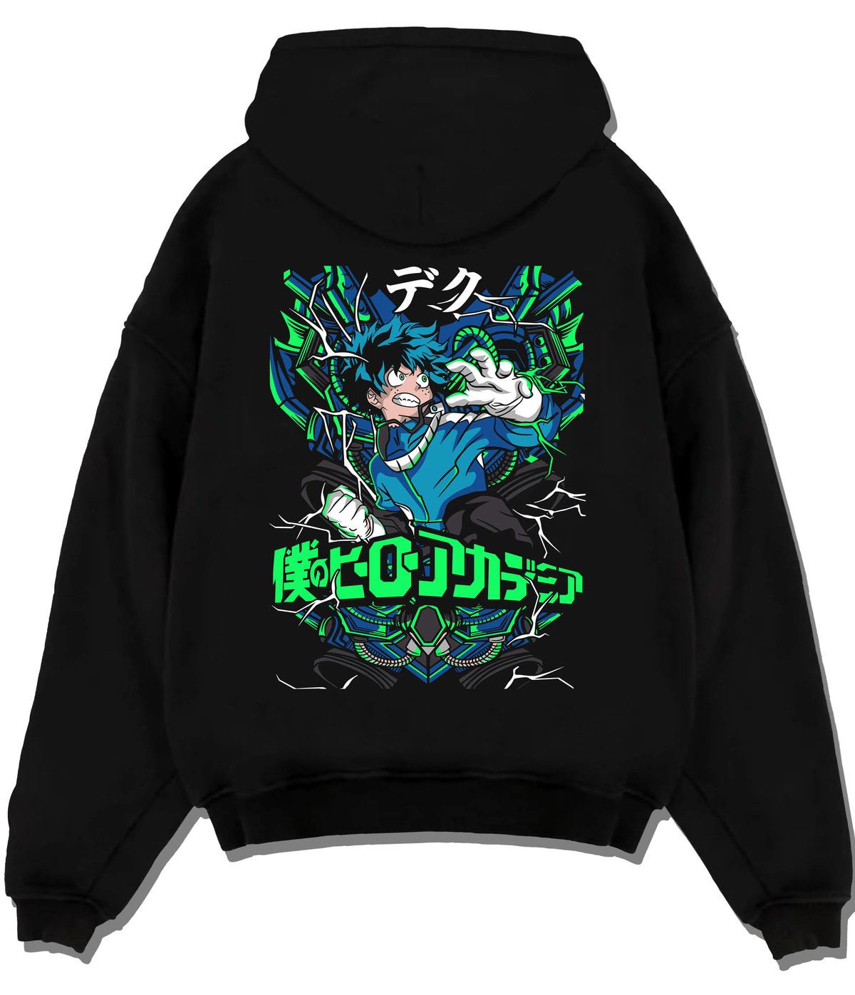Black hoodie flat back view showing Deku from My Hero Academia: blue and green energy superhero composition