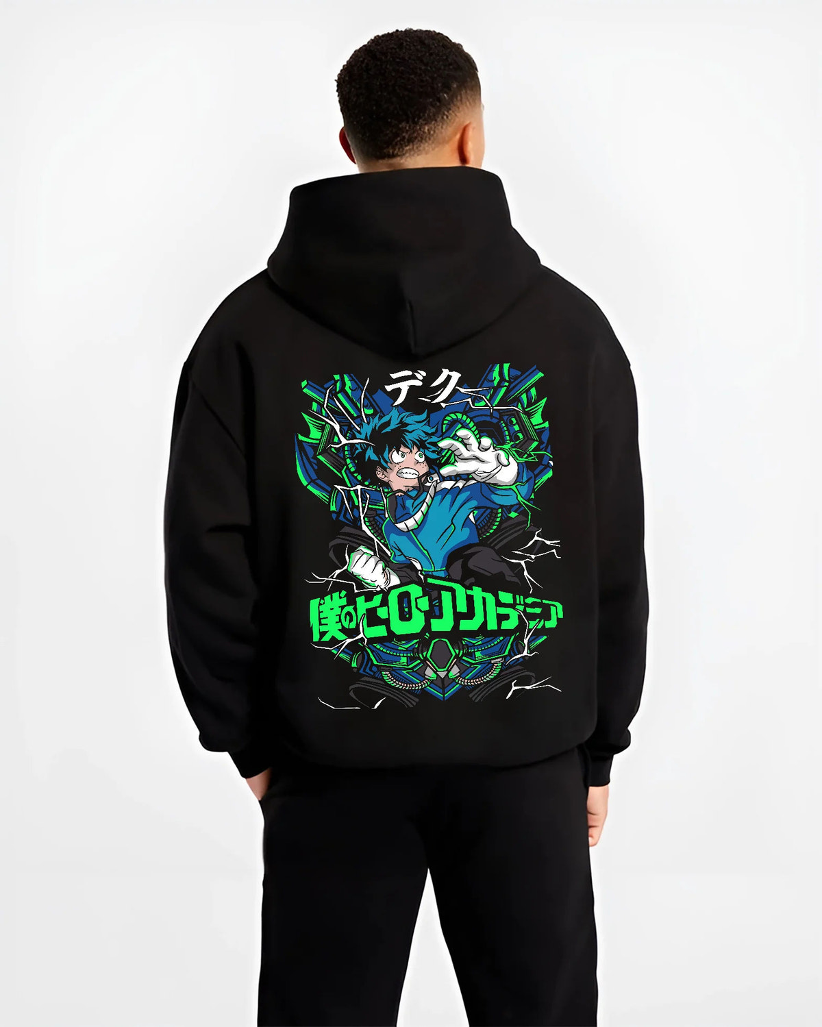 Black hoodie model back view showing Deku from My Hero Academia: blue and green energy superhero composition