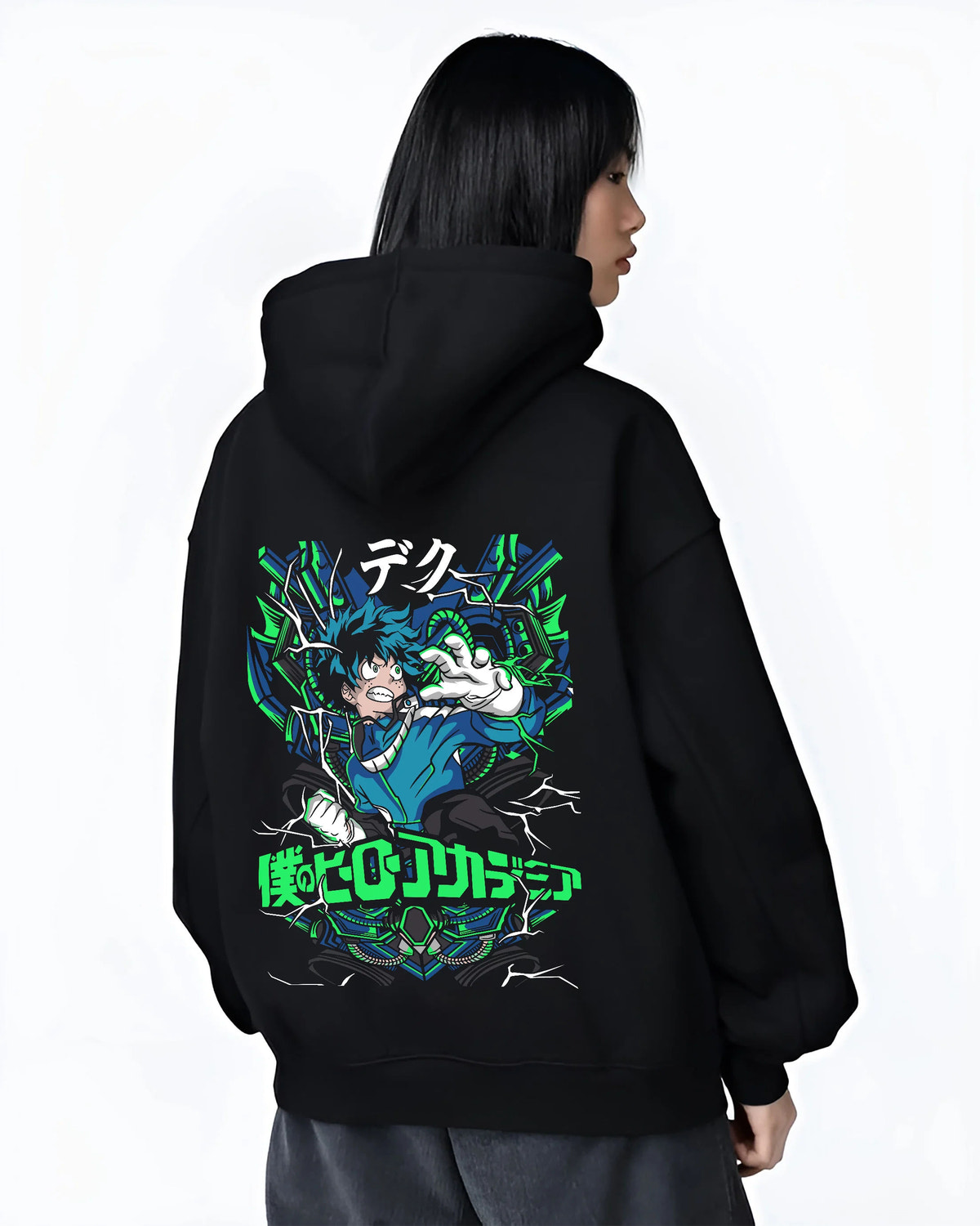 Black hoodie female model back view showing Deku from My Hero Academia: blue and green energy superhero composition