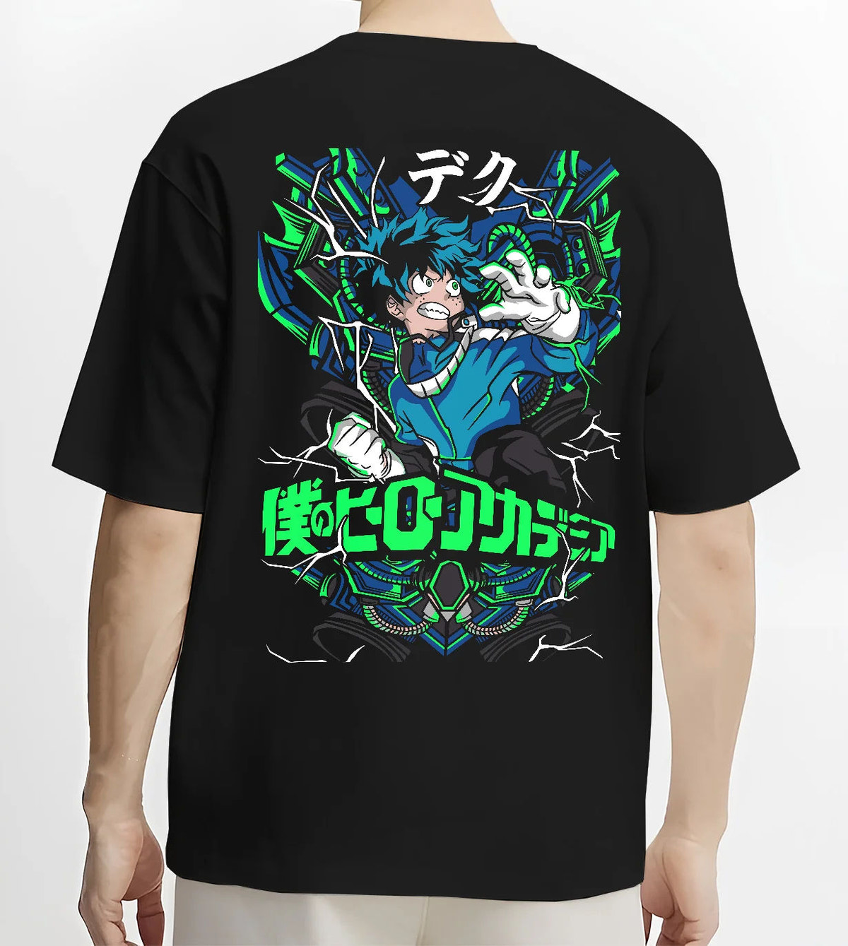 Black T-shirt model back view showing Deku from My Hero Academia: blue and green energy superhero composition