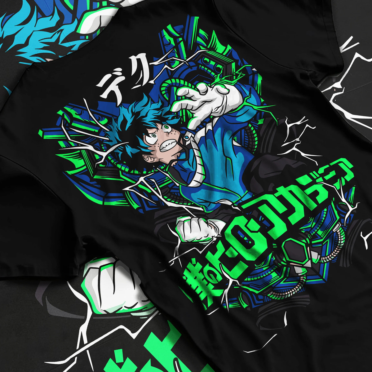 Black T-shirt flat back view showing Deku from My Hero Academia: blue and green energy superhero composition