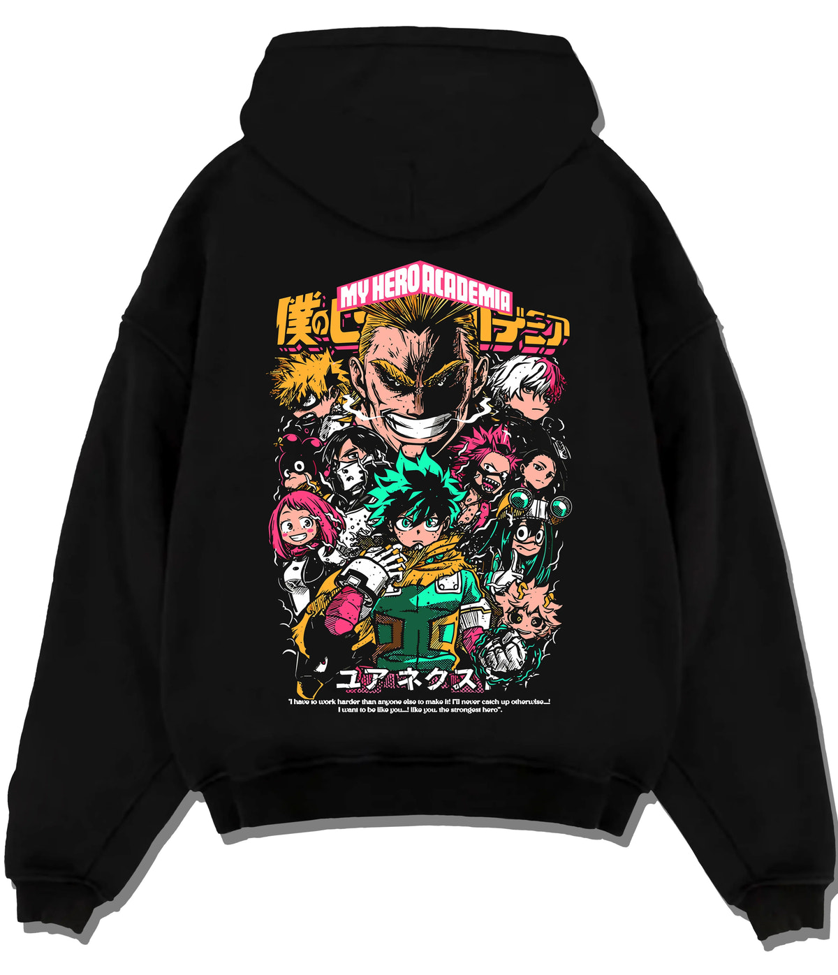 Black hoodie flat back view with My Hero Academia ensemble featuring All Might and Deku illustrated back graphic