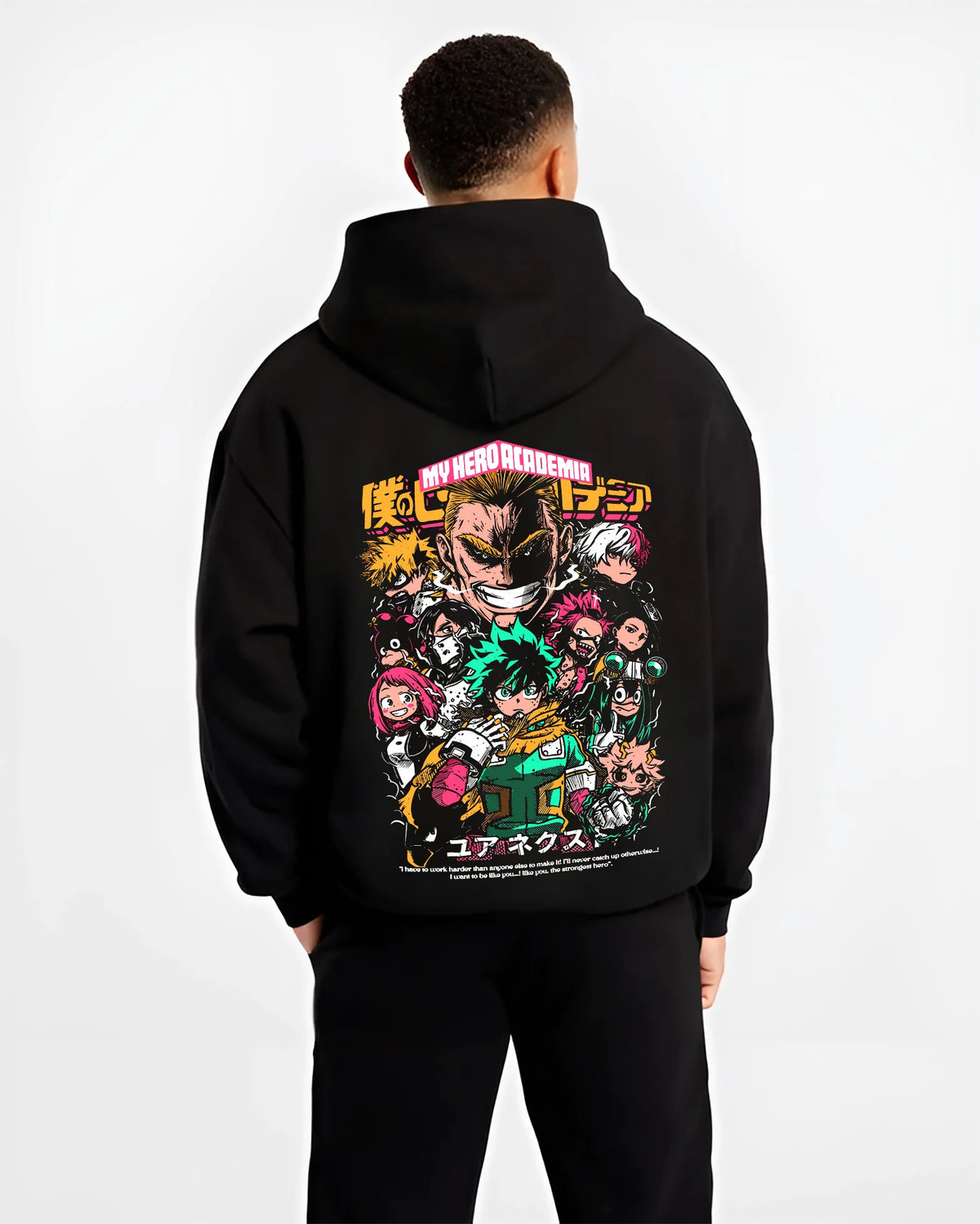 Black hoodie model back view with My Hero Academia ensemble featuring All Might and Deku illustrated back graphic