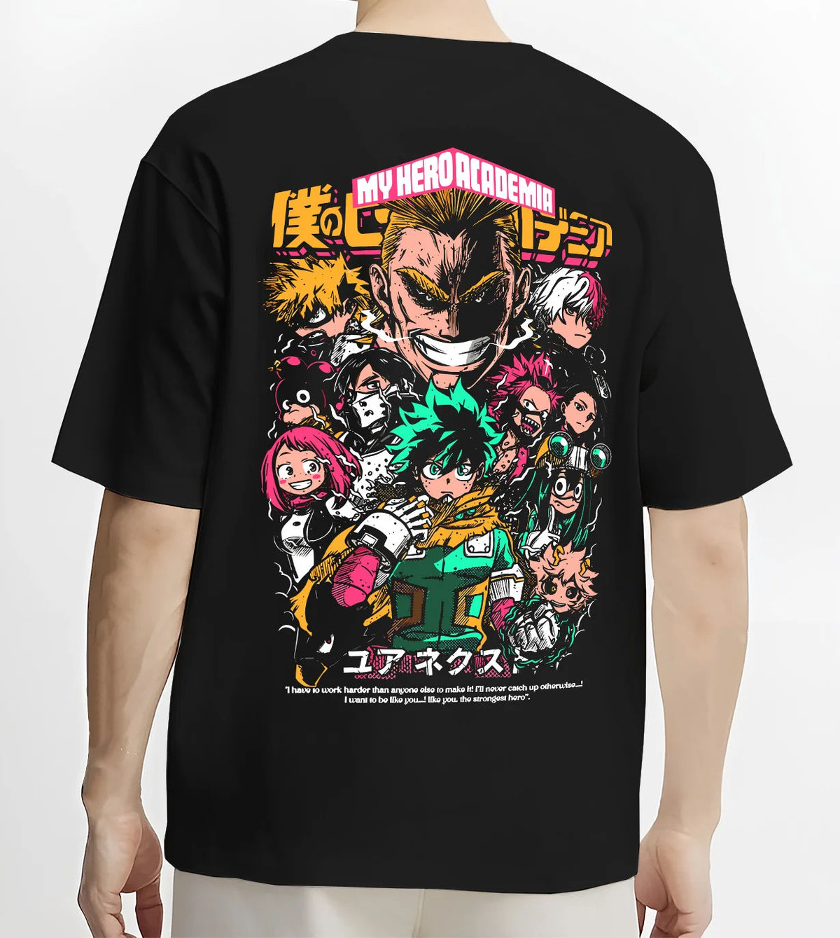 Black T-shirt model back view with My Hero Academia ensemble featuring All Might and Deku illustrated back graphic