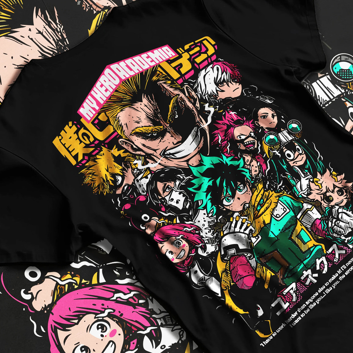 Black T-shirt flat back view with My Hero Academia ensemble featuring All Might and Deku illustrated back graphic