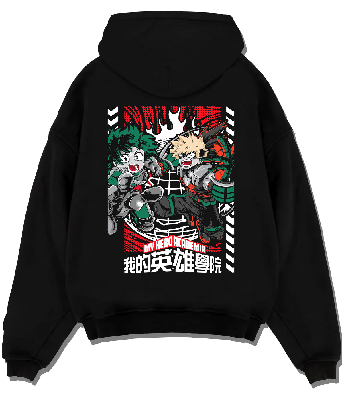 Black hoodie flat back view showing Deku and Bakugo from My Hero Academia: shared fighting pose