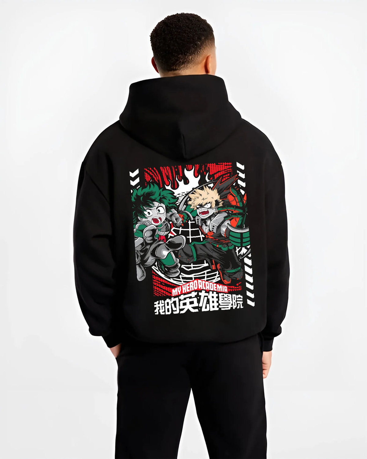 Black hoodie model back view showing Deku and Bakugo from My Hero Academia: shared fighting pose