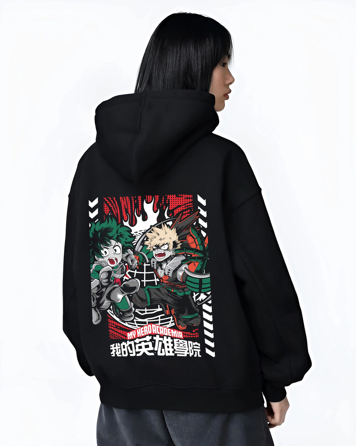 Black hoodie female model back view showing Deku and Bakugo from My Hero Academia: shared fighting pose