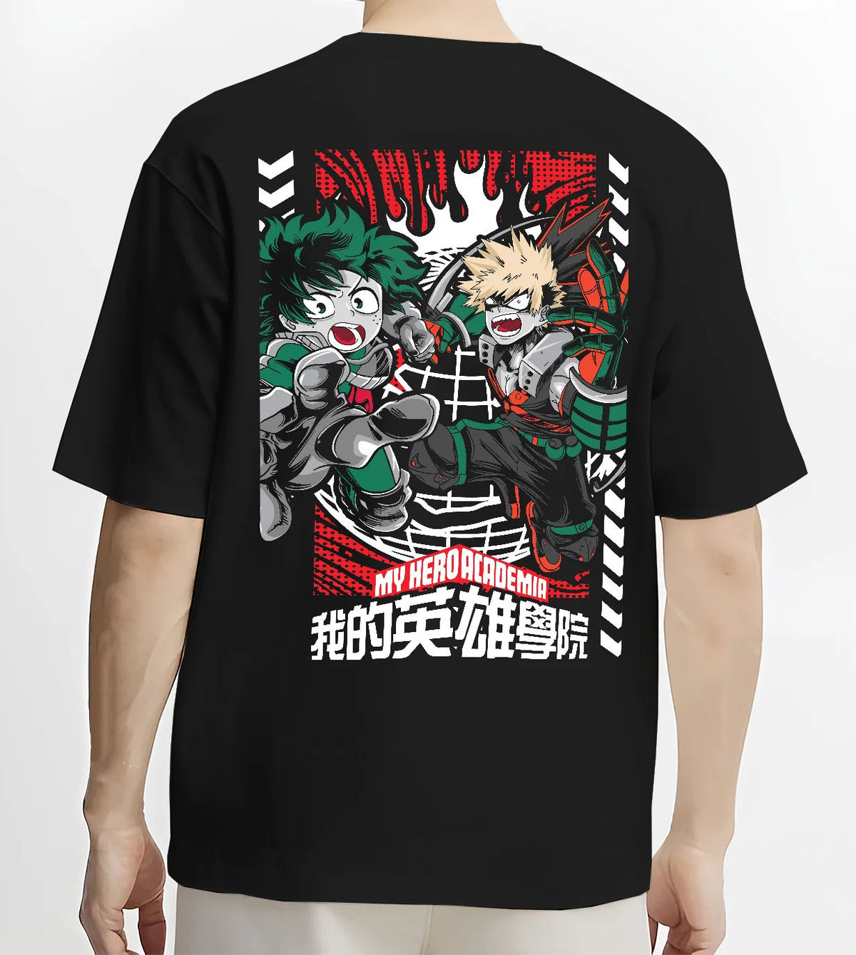 Black T-shirt model back view showing Deku and Bakugo from My Hero Academia: shared fighting pose