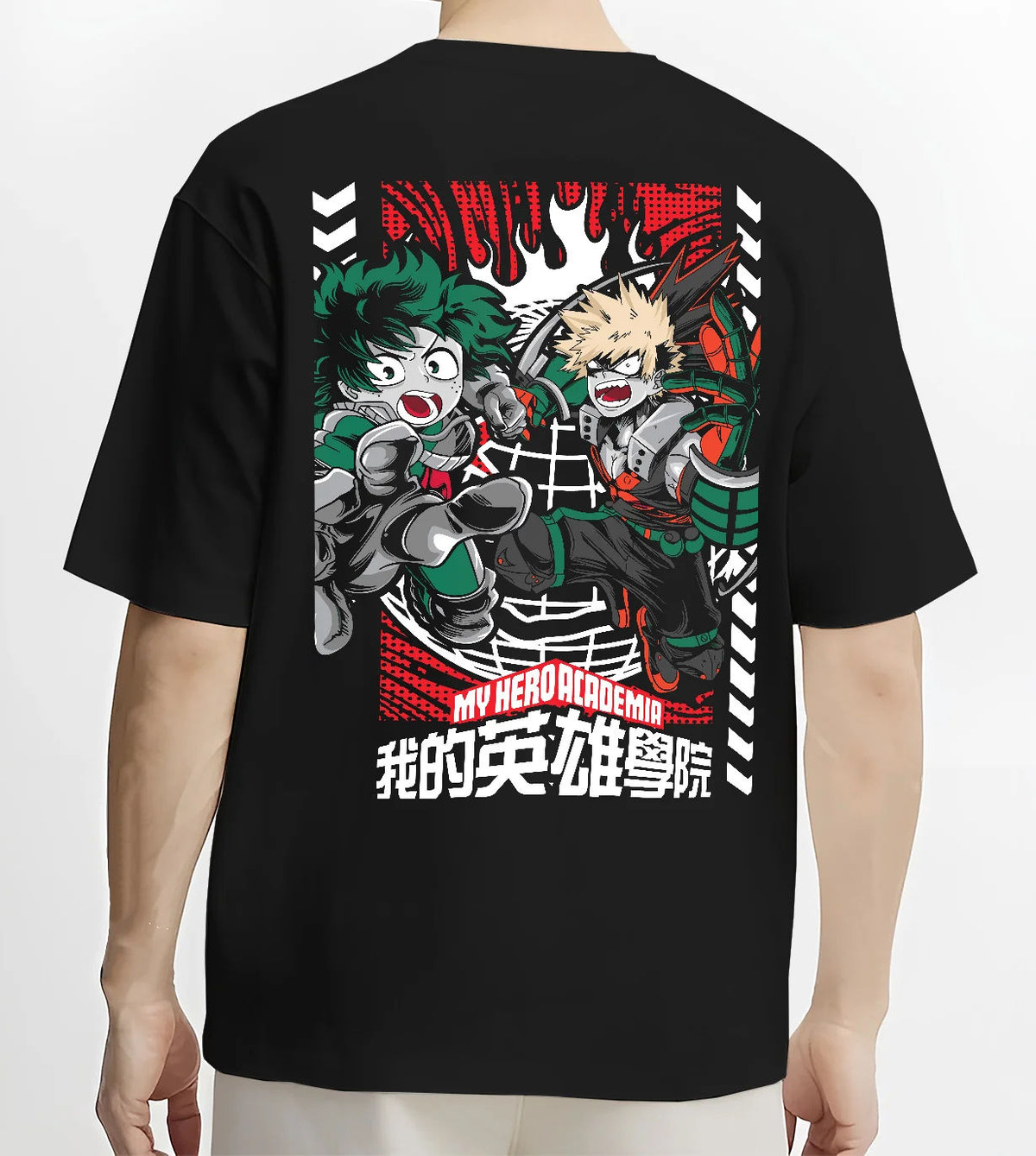 Black T-shirt model back view showing Deku and Bakugo from My Hero Academia: shared fighting pose