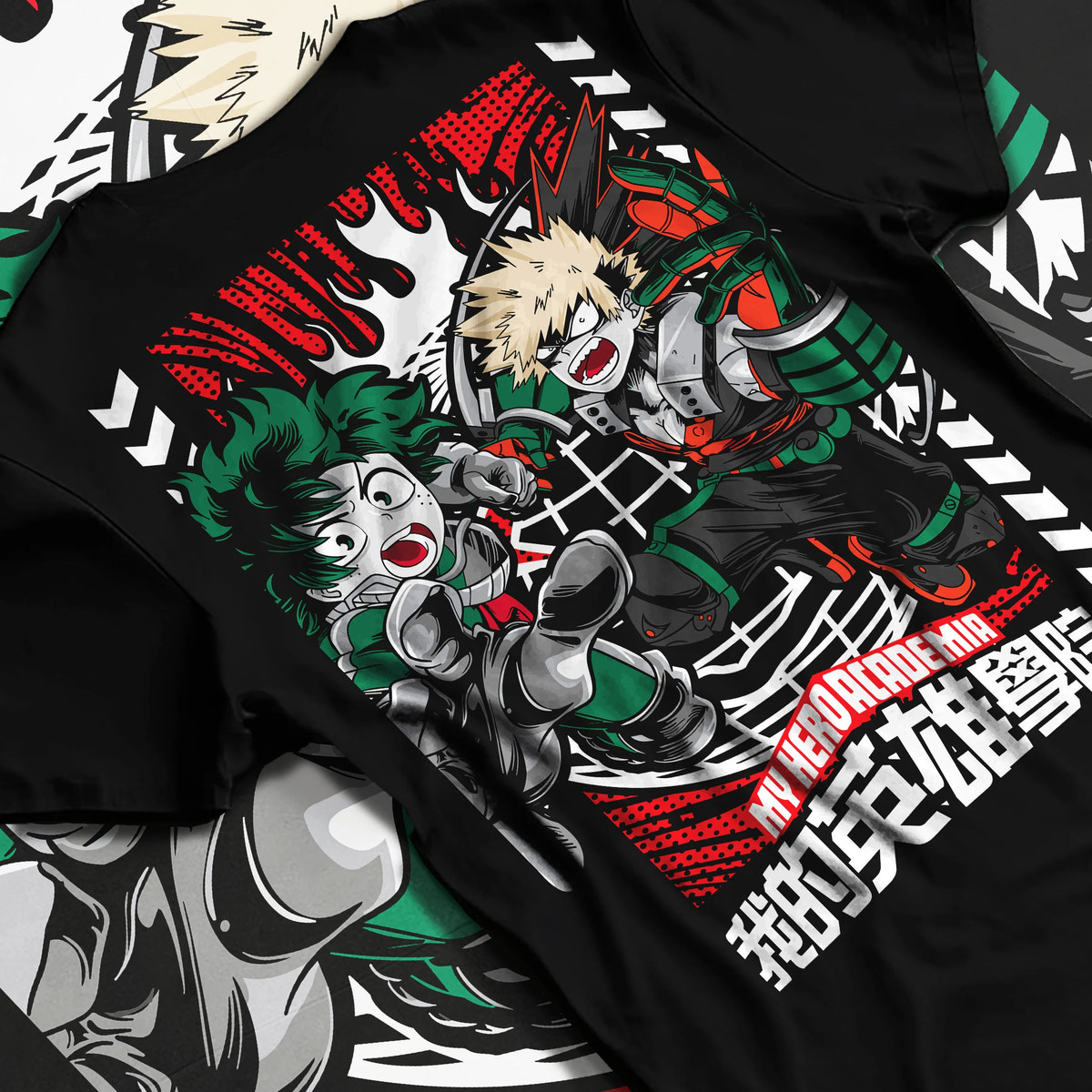 Black T-shirt flat back view showing Deku and Bakugo from My Hero Academia: shared fighting pose