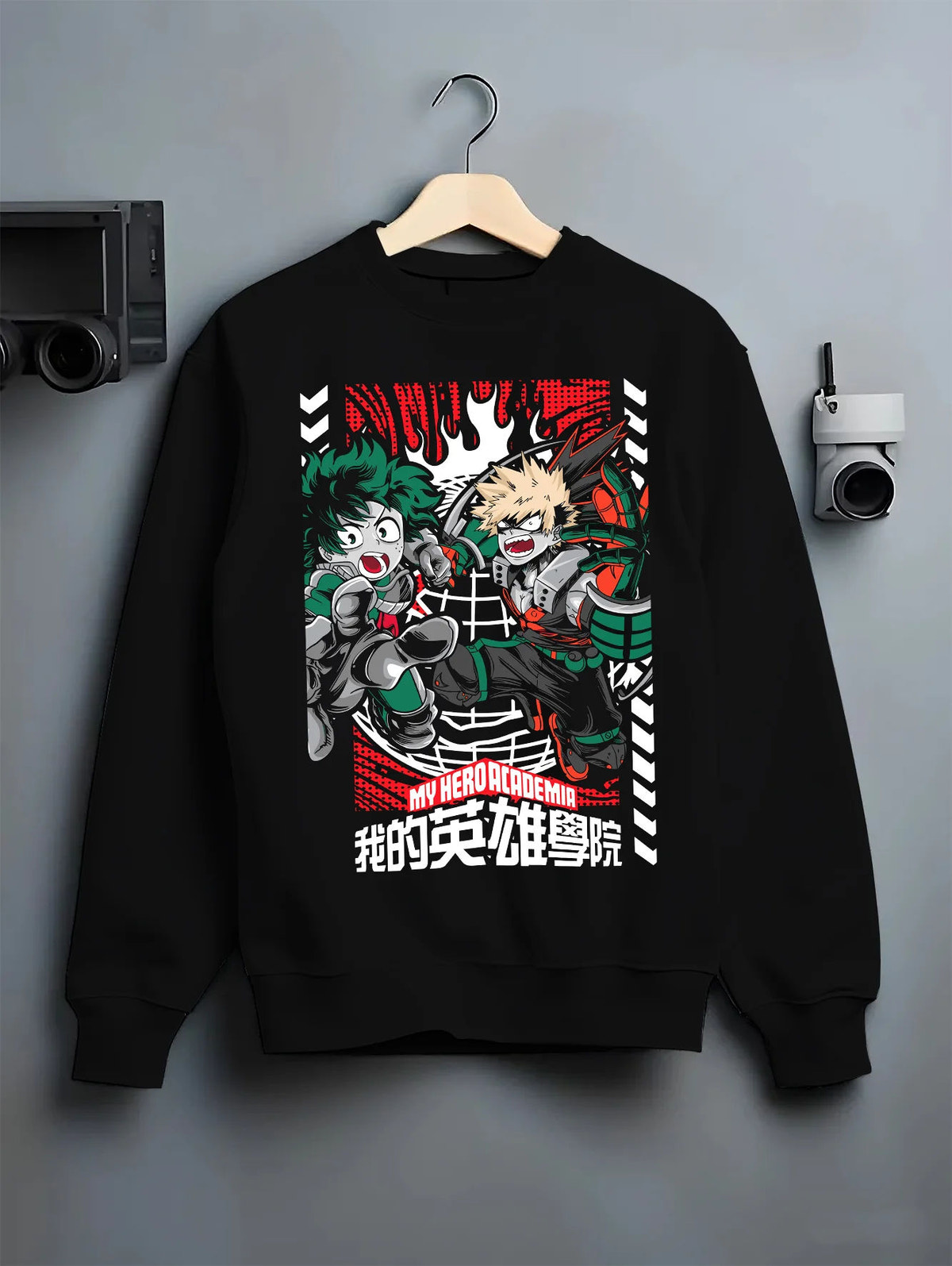 Black crewneck sweatshirt on hanger showing Deku and Bakugo from My Hero Academia: shared fighting pose