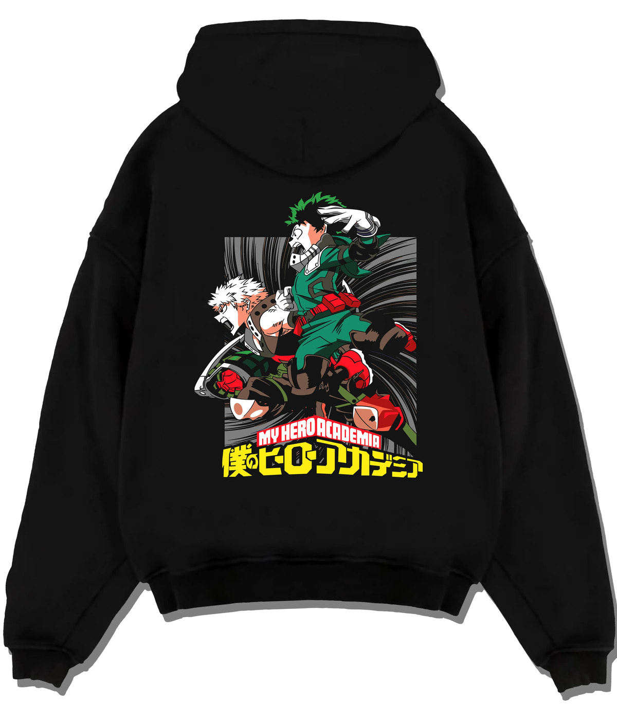 Black hoodie flat back view showing Izuku Midoriya and Katsuki Bakugo from My Hero Academia: battle duo