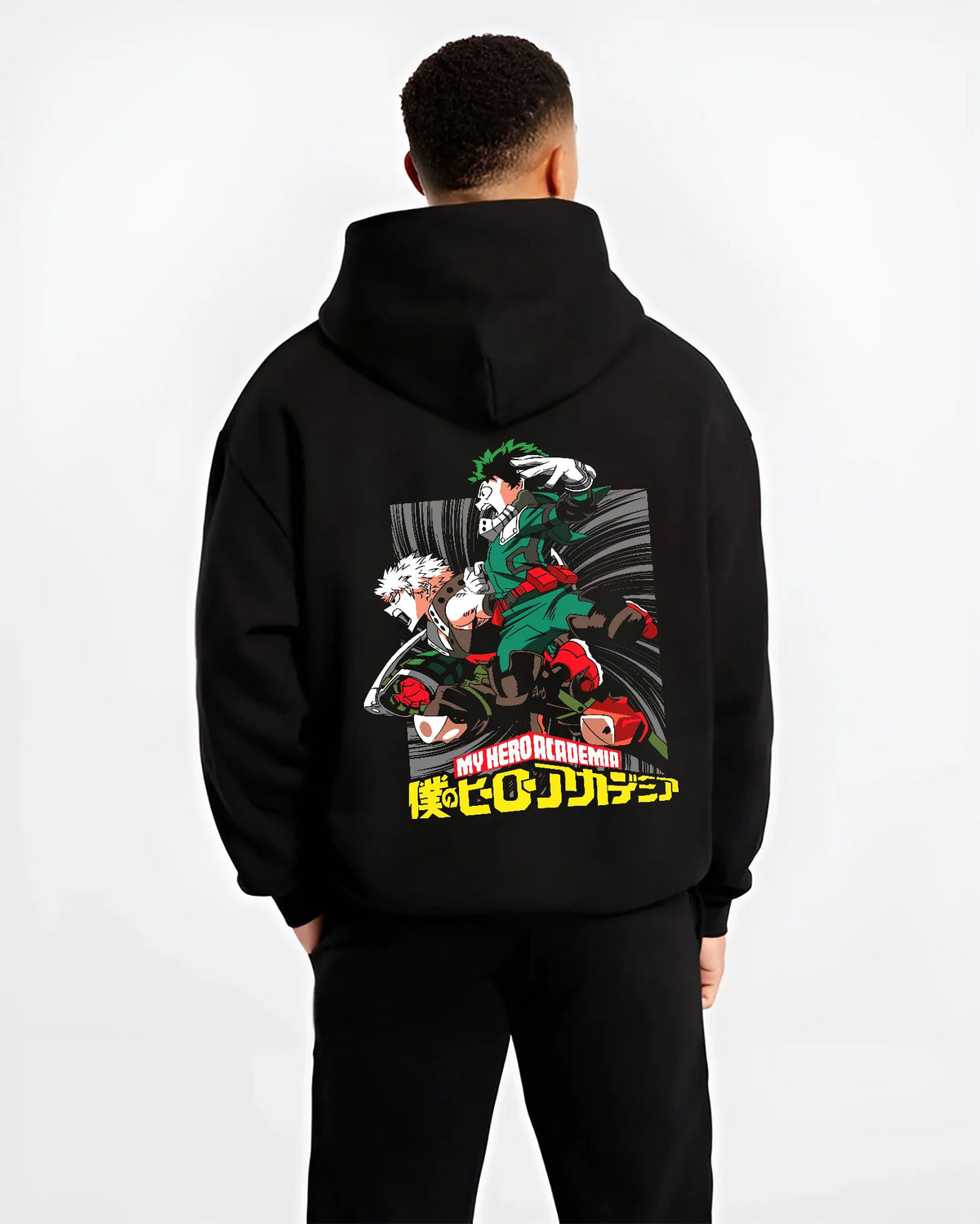Black hoodie model back view showing Izuku Midoriya and Katsuki Bakugo from My Hero Academia: battle duo