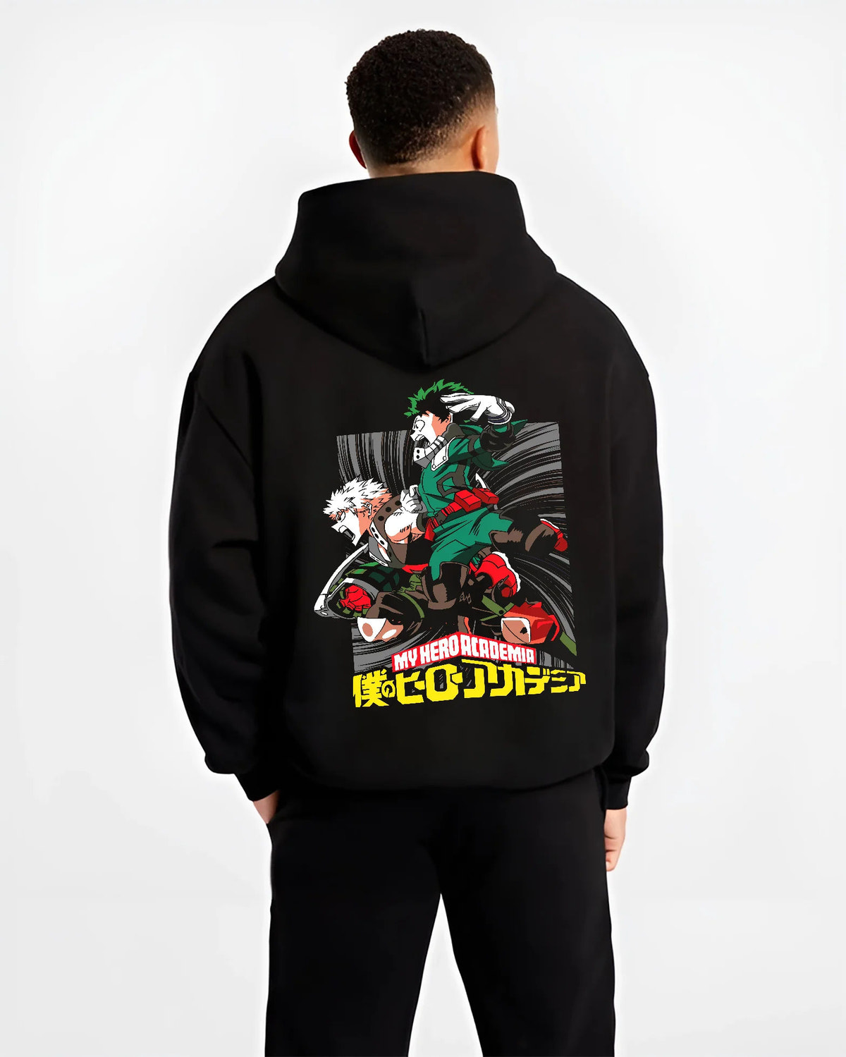 Black hoodie model back view showing Izuku Midoriya and Katsuki Bakugo from My Hero Academia: battle duo