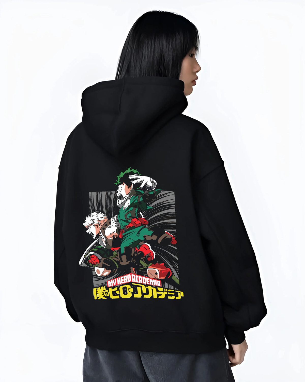 Black hoodie female model back view showing Izuku Midoriya and Katsuki Bakugo from My Hero Academia: battle duo