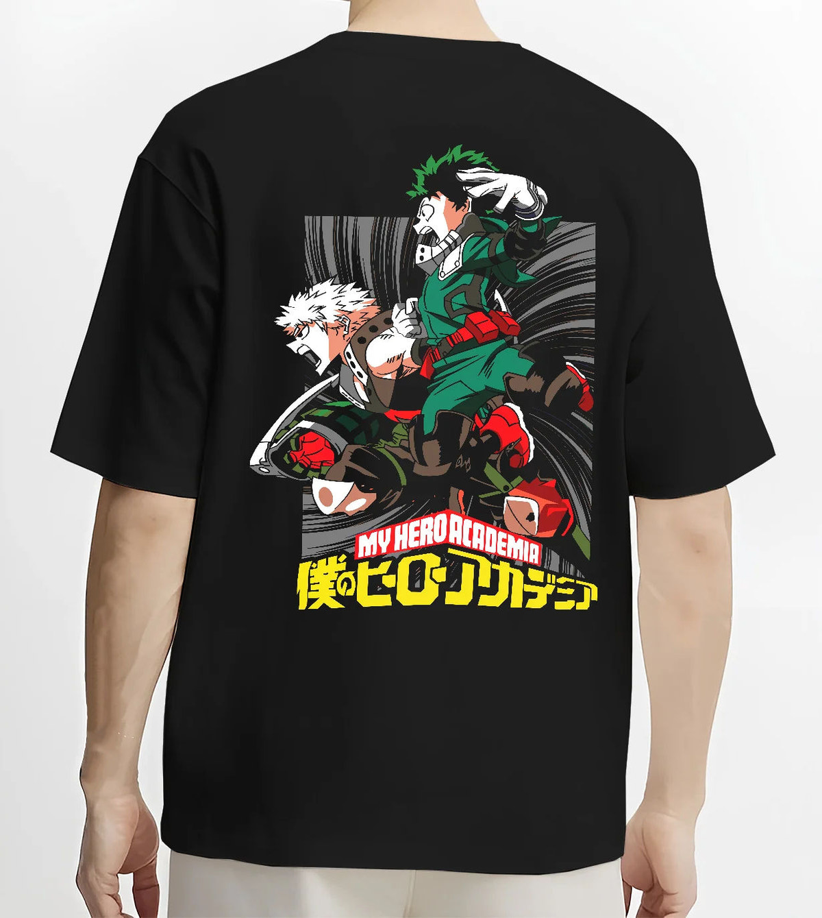 Black T-shirt model back view showing Izuku Midoriya and Katsuki Bakugo from My Hero Academia: battle duo