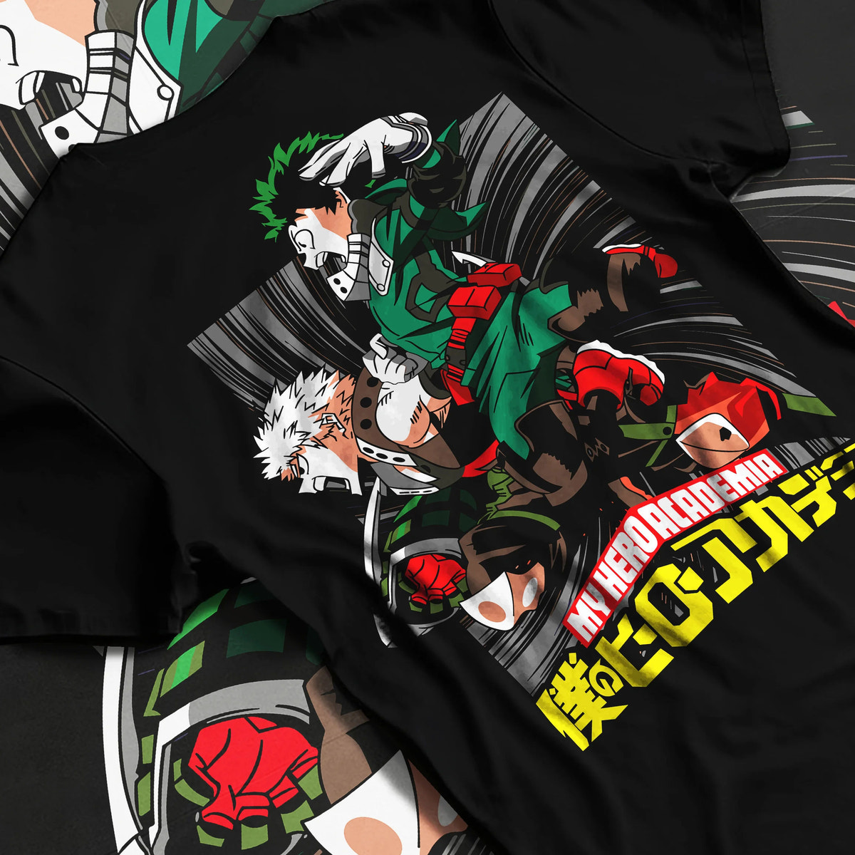 Black T-shirt flat back view showing Izuku Midoriya and Katsuki Bakugo from My Hero Academia: battle duo