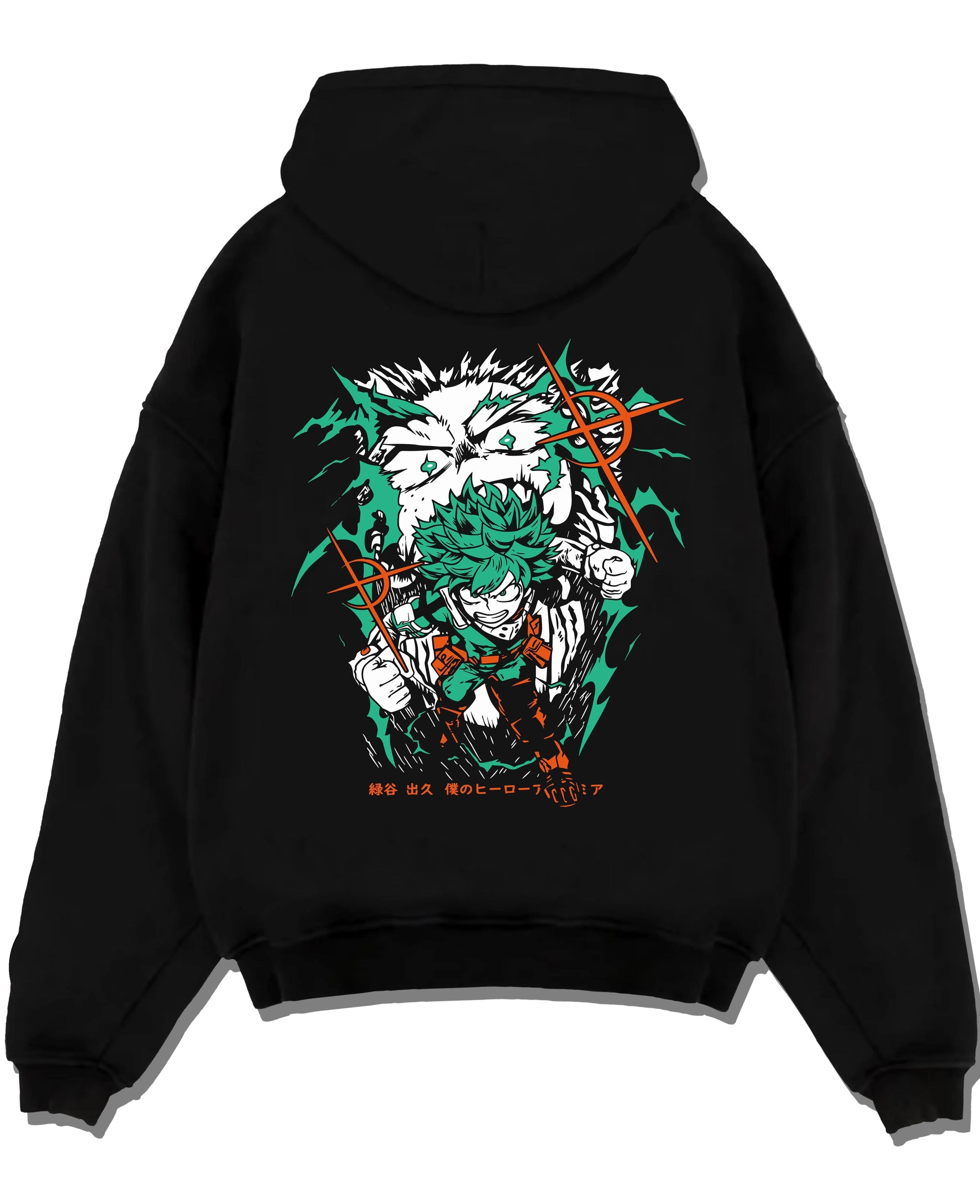 Black pullover hoodie laid flat with Deku Hoodie My Hero Academia Battle Pose Retro Print graphic premium wear.