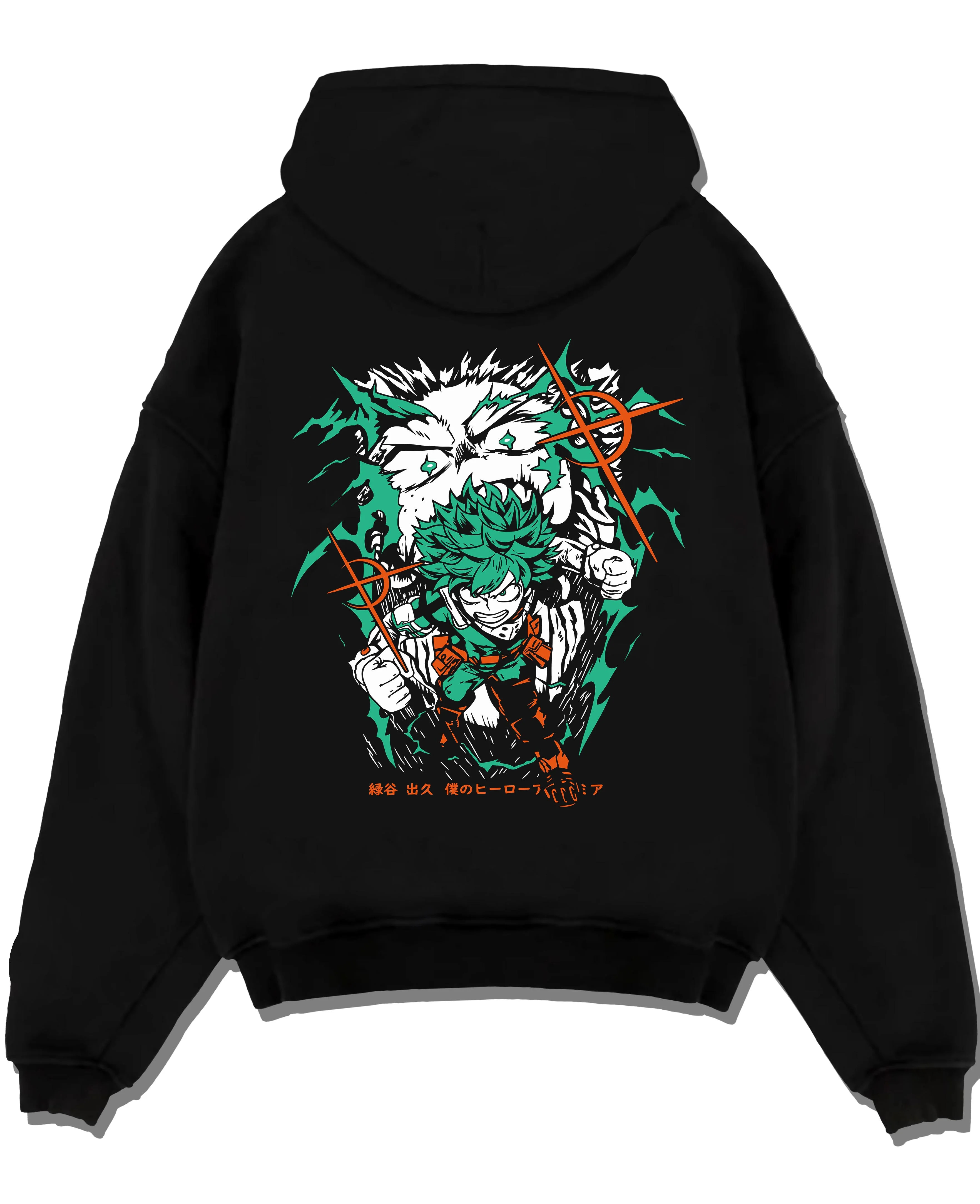 Black pullover hoodie laid flat with Deku Hoodie My Hero Academia Battle Pose Retro Print graphic premium wear.