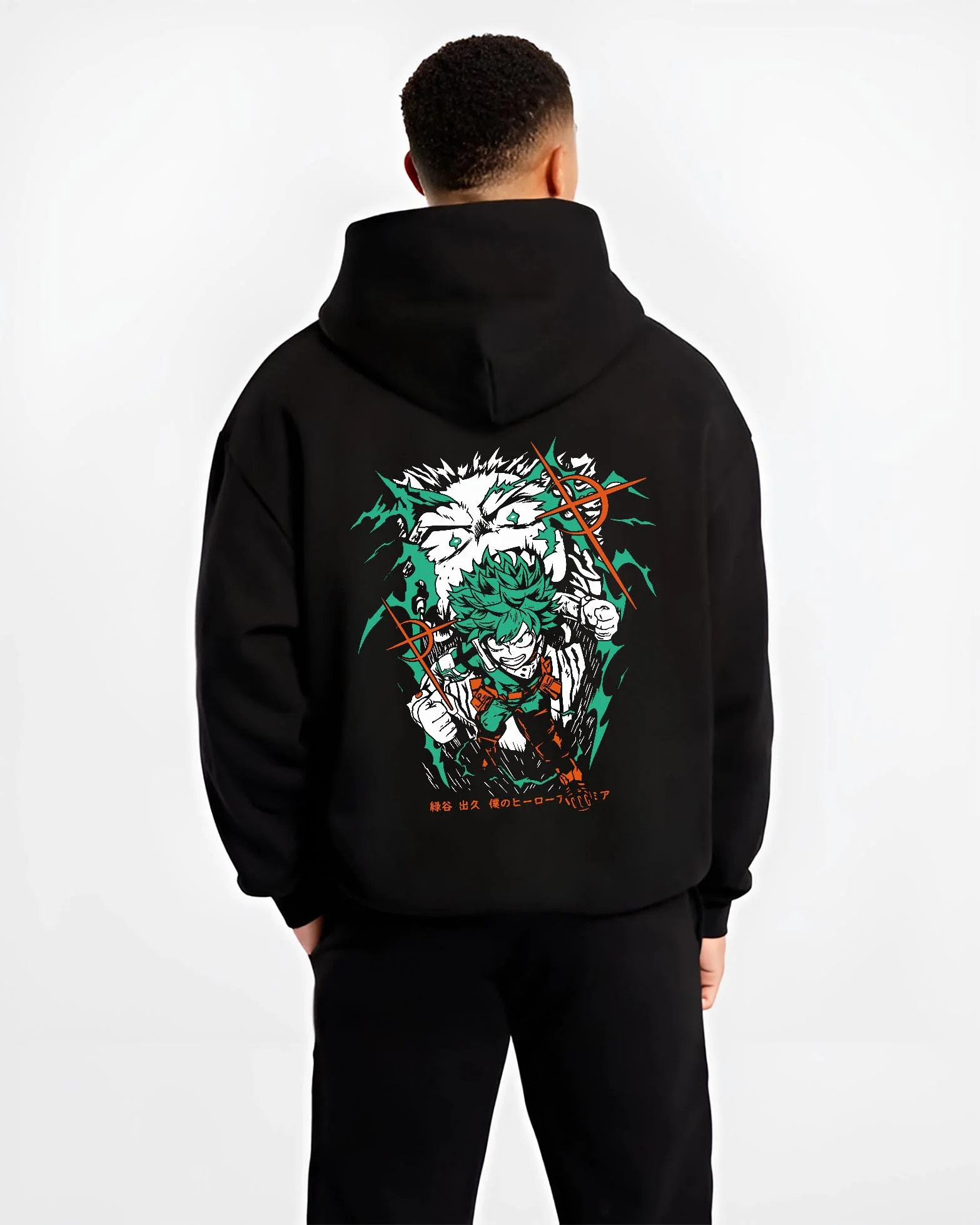 Black hoodie worn by male model, back view with Deku Hoodie My Hero Academia Battle Pose Retro Print graphic premium wear.