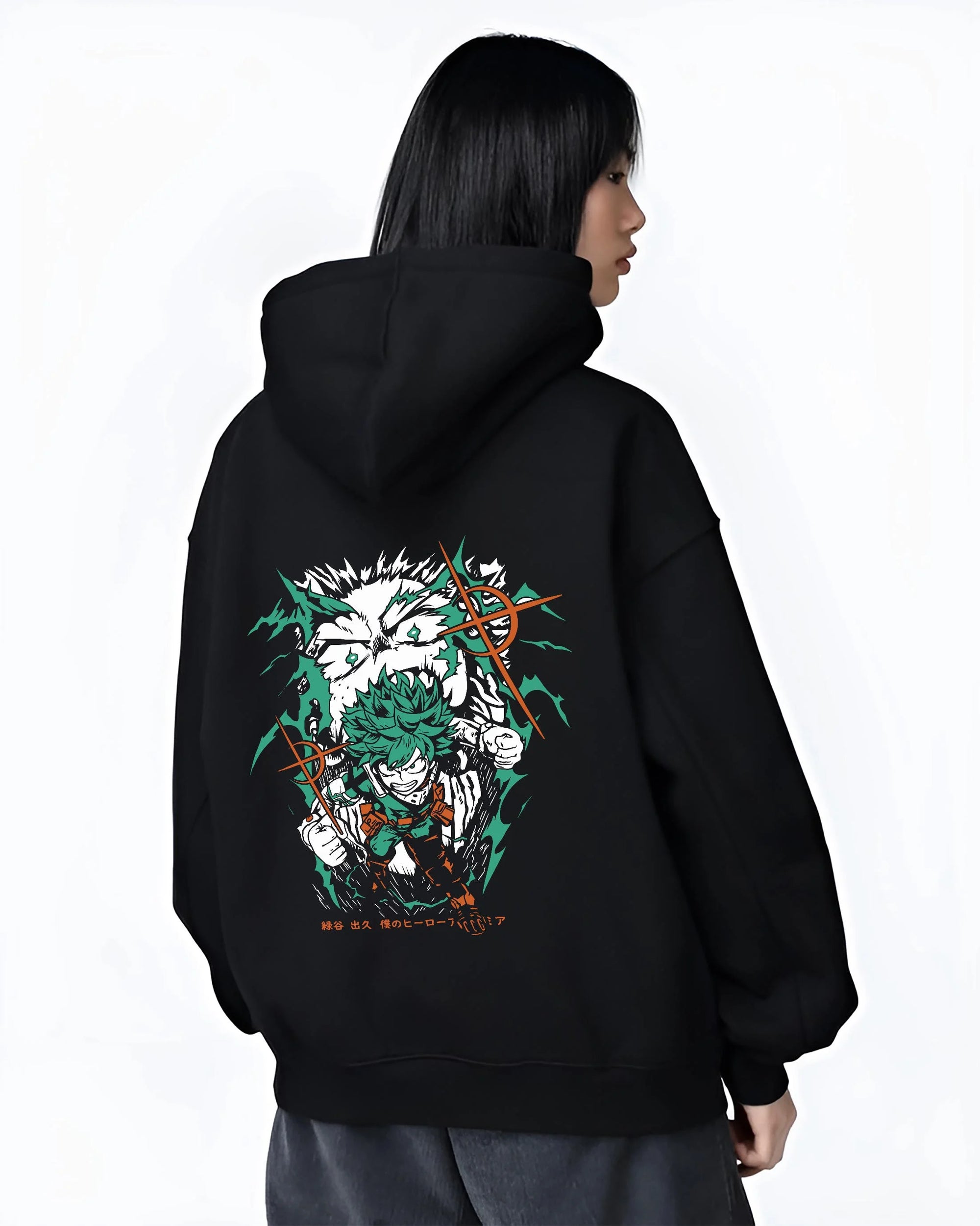 Black hoodie worn by female model, back view with Deku Hoodie My Hero Academia Battle Pose Retro Print graphic premium wear.