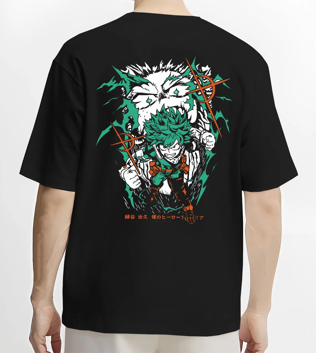 Black T-shirt worn by male model, back view with Deku Hoodie My Hero Academia Battle Pose Retro Print graphic bold anime graphic.