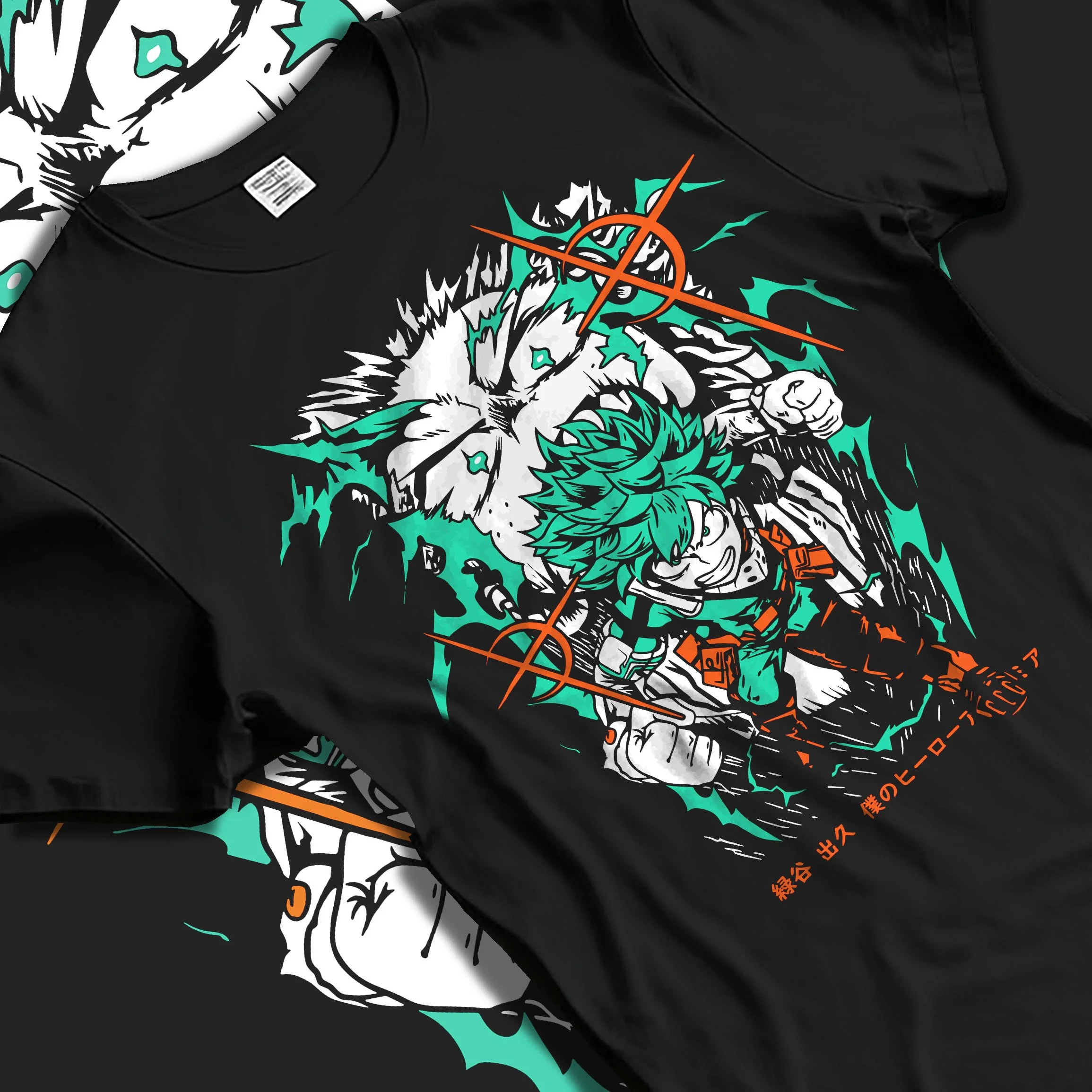 Black T-shirt laid flat with natural folds with Deku Hoodie My Hero Academia Battle Pose Retro Print graphic premium wear.