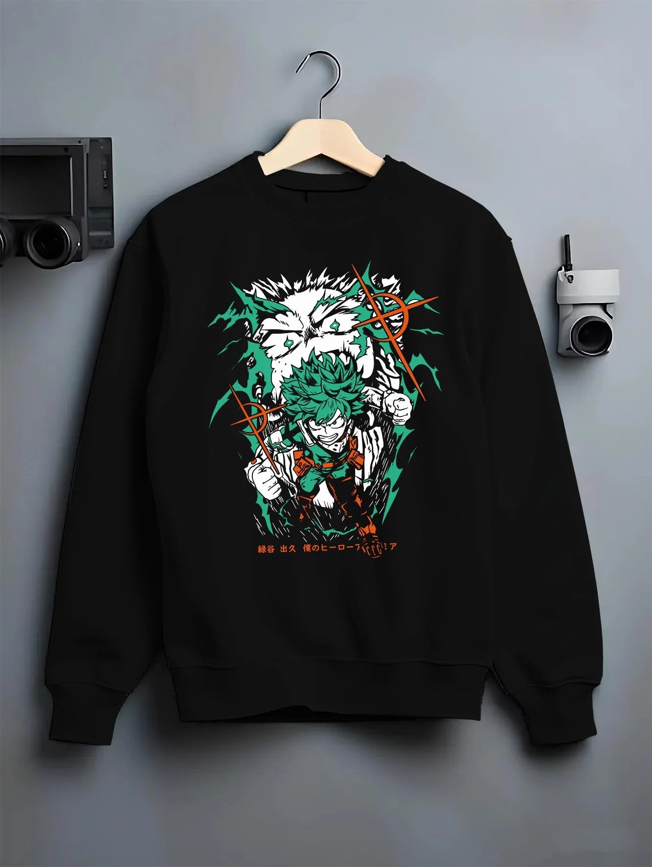 Black crewneck sweatshirt on hanger with Deku Hoodie My Hero Academia Battle Pose Retro Print graphic premium wear.