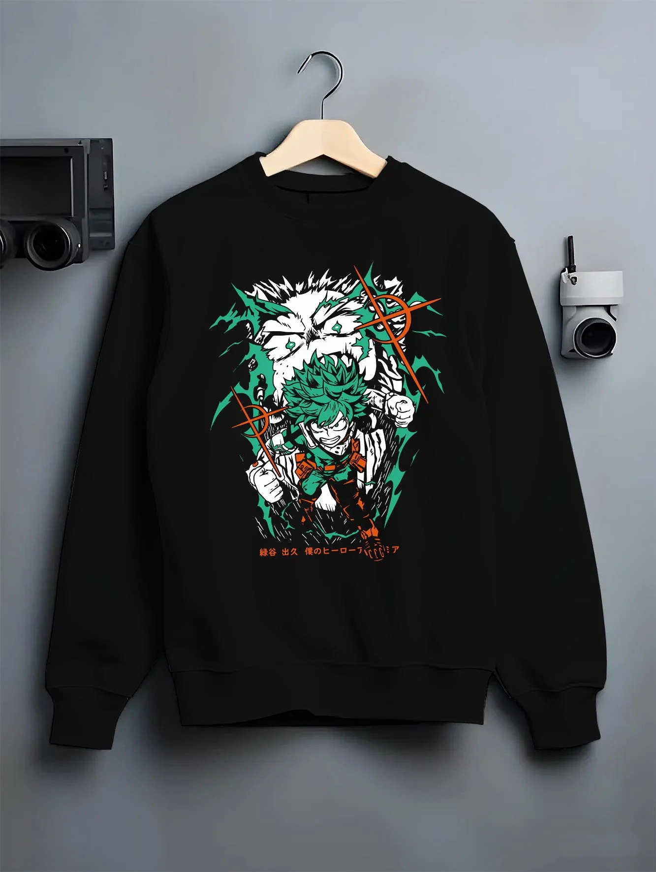 Black crewneck sweatshirt on hanger with Deku Hoodie My Hero Academia Battle Pose Retro Print graphic premium wear.