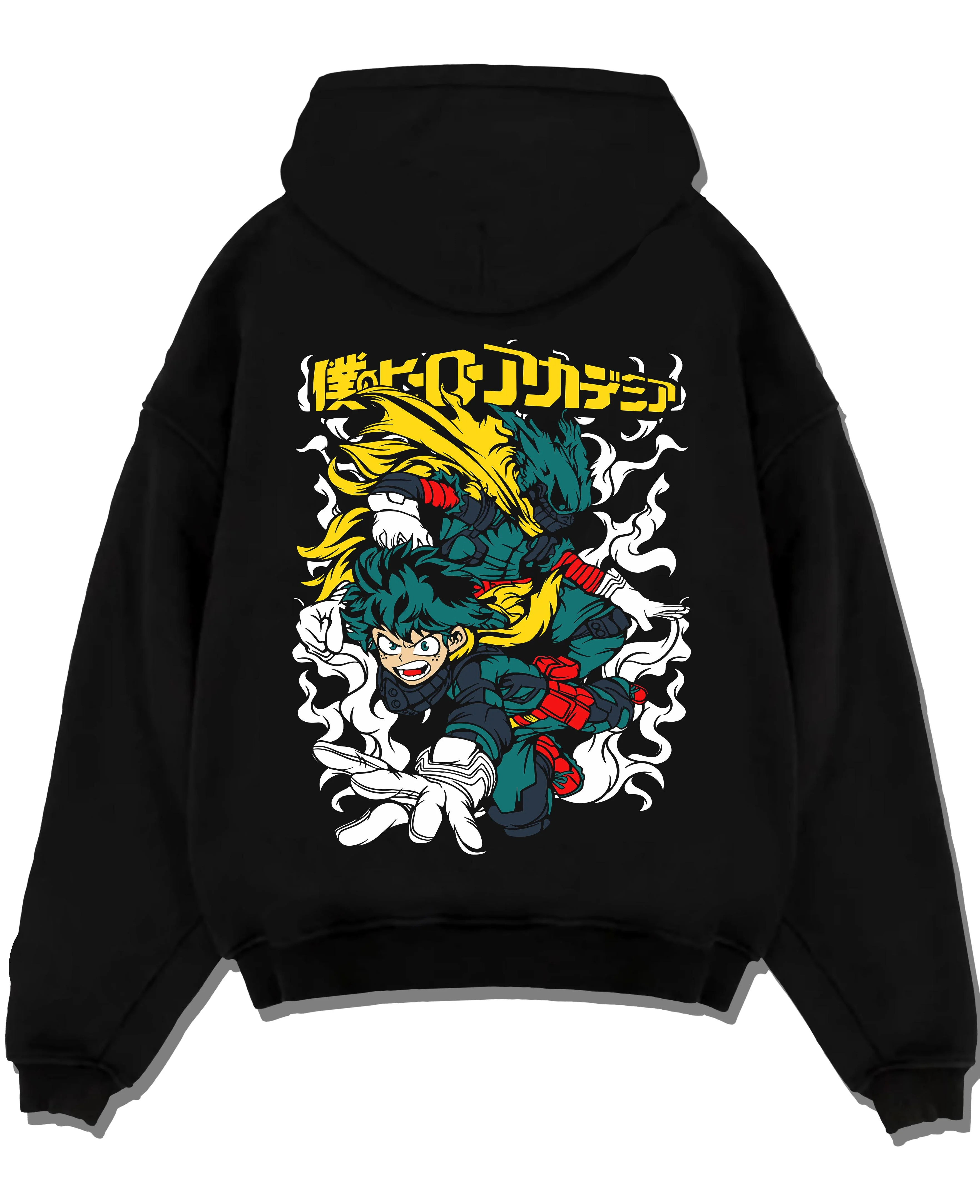 Black pullover hoodie laid flat with Deku Hoodie My Hero Academia Full Power Smash Print graphic streetwear graphic.