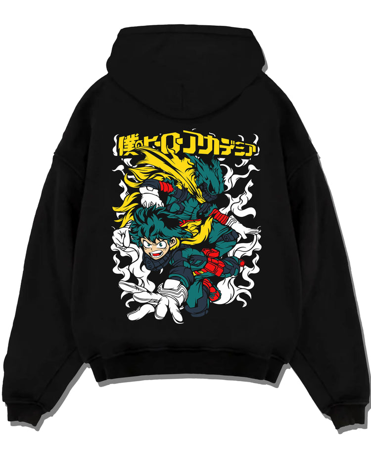 Black pullover hoodie laid flat with Deku Hoodie My Hero Academia Full Power Smash Print graphic streetwear graphic.