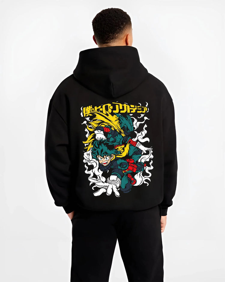 Black hoodie worn by male model, back view with Deku Hoodie My Hero Academia Full Power Smash Print graphic premium wear.