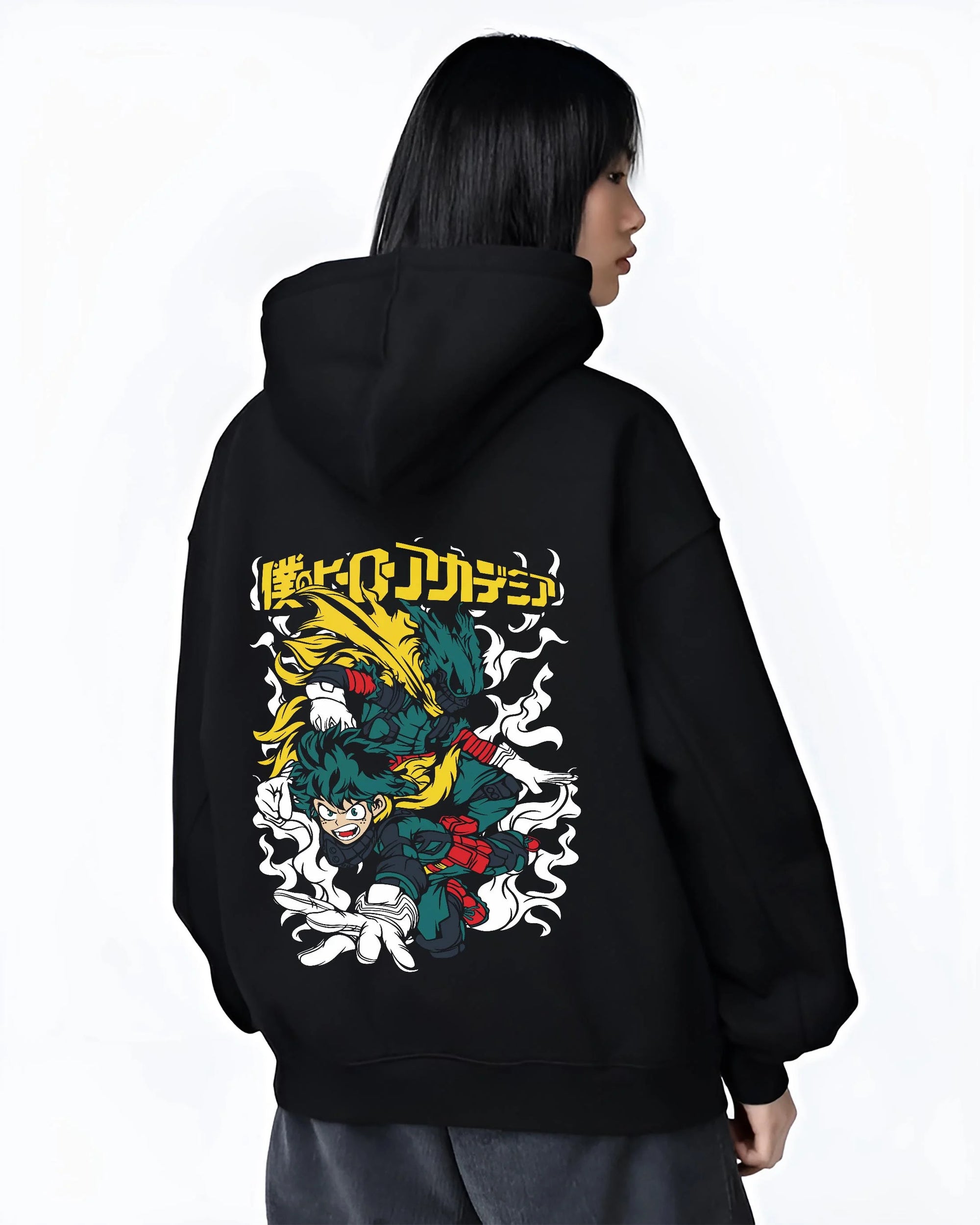 Black hoodie worn by female model, back view with Deku Hoodie My Hero Academia Full Power Smash Print graphic premium wear.