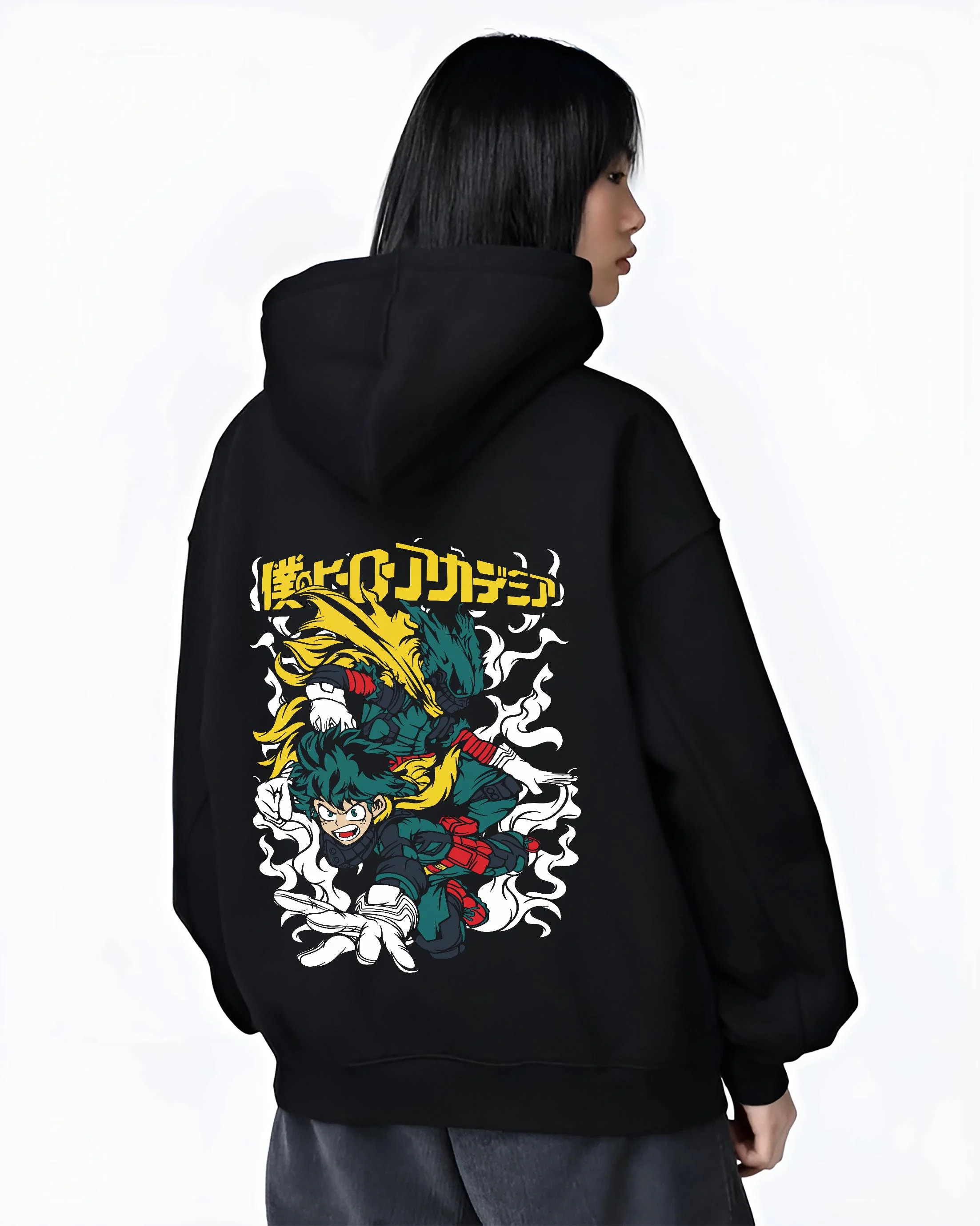 Black hoodie worn by female model, back view with Deku Hoodie My Hero Academia Full Power Smash Print graphic premium wear.