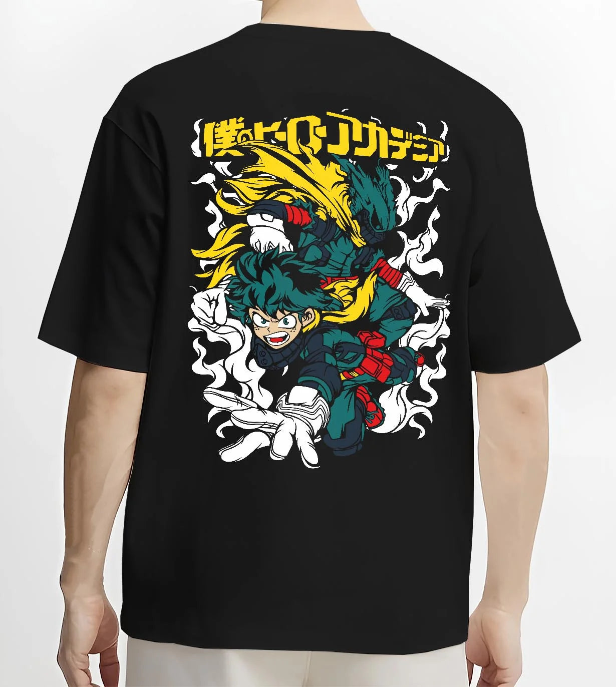 Black T-shirt worn by male model, back view with Deku Hoodie My Hero Academia Full Power Smash Print graphic premium wear.