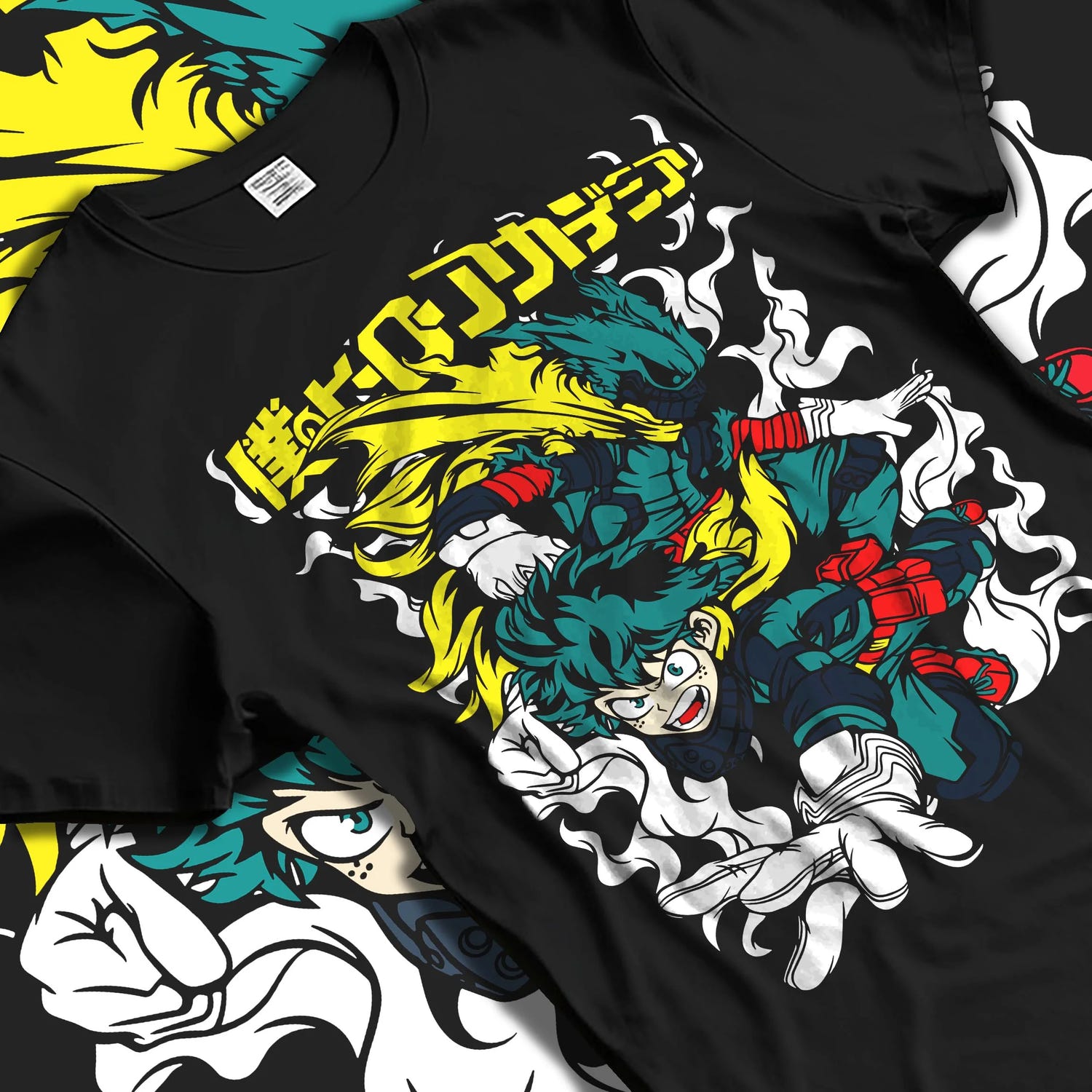 Black T-shirt laid flat with natural folds with Deku Hoodie My Hero Academia Full Power Smash Print graphic premium wear.