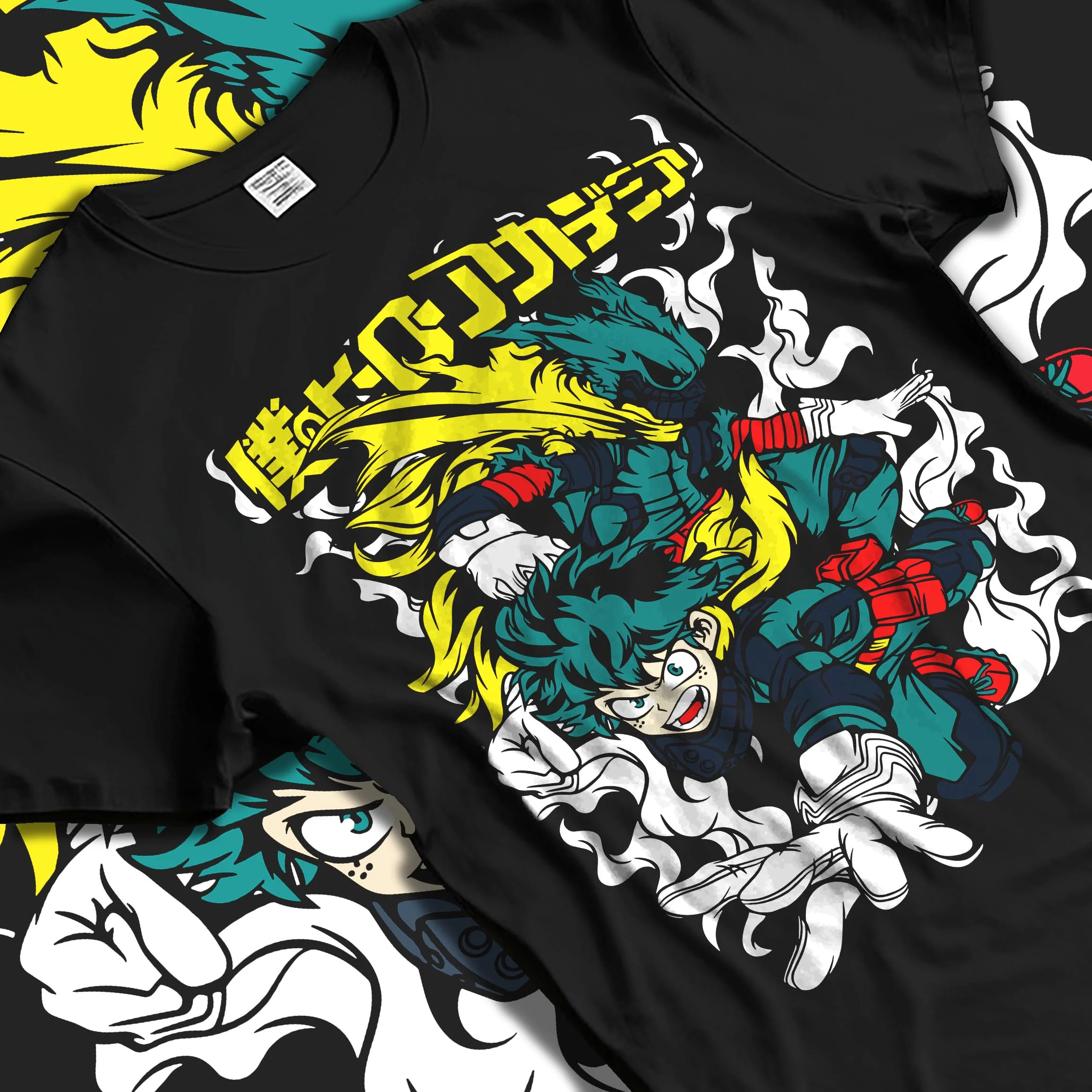 Black T-shirt laid flat with natural folds with Deku Hoodie My Hero Academia Full Power Smash Print graphic premium wear.