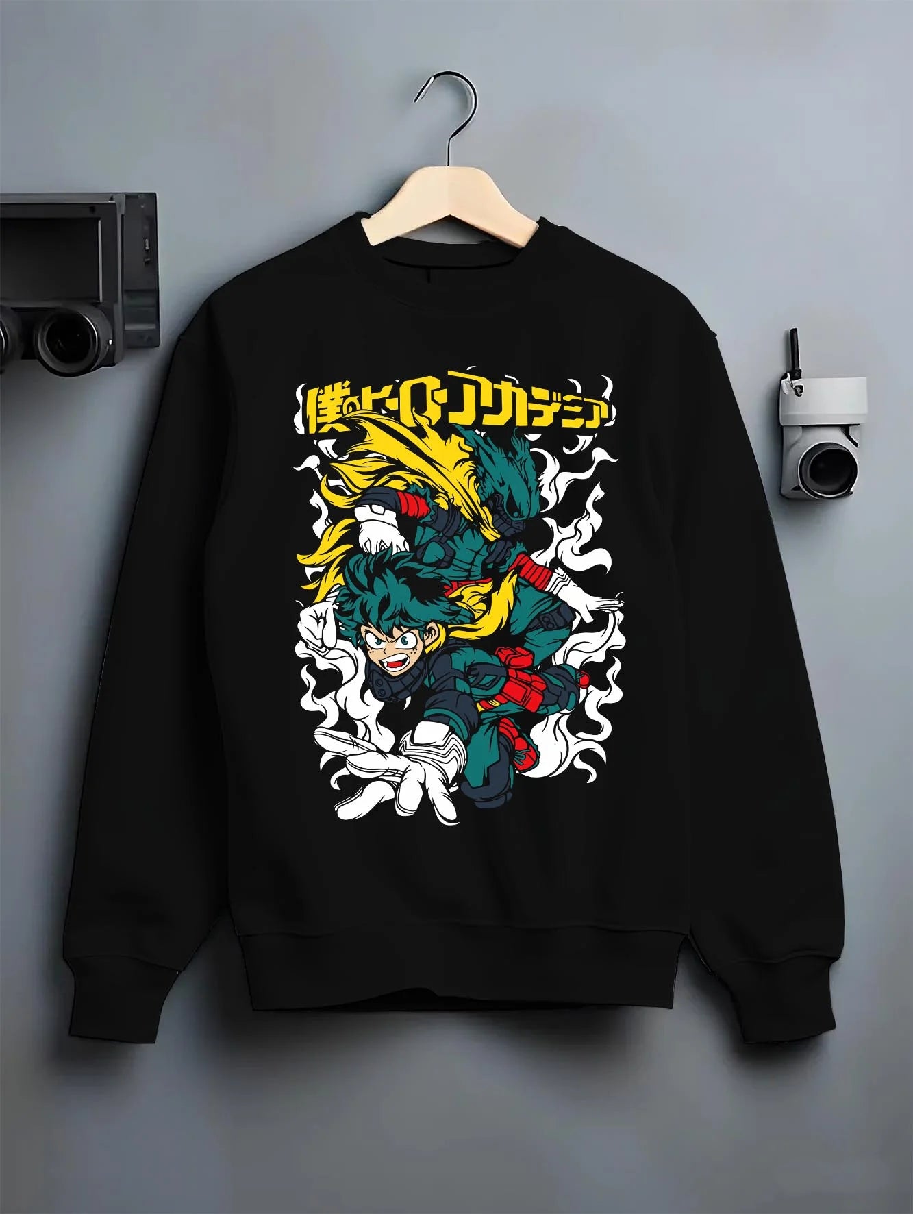 Black crewneck sweatshirt on hanger with Deku Hoodie My Hero Academia Full Power Smash Print graphic streetwear graphic.