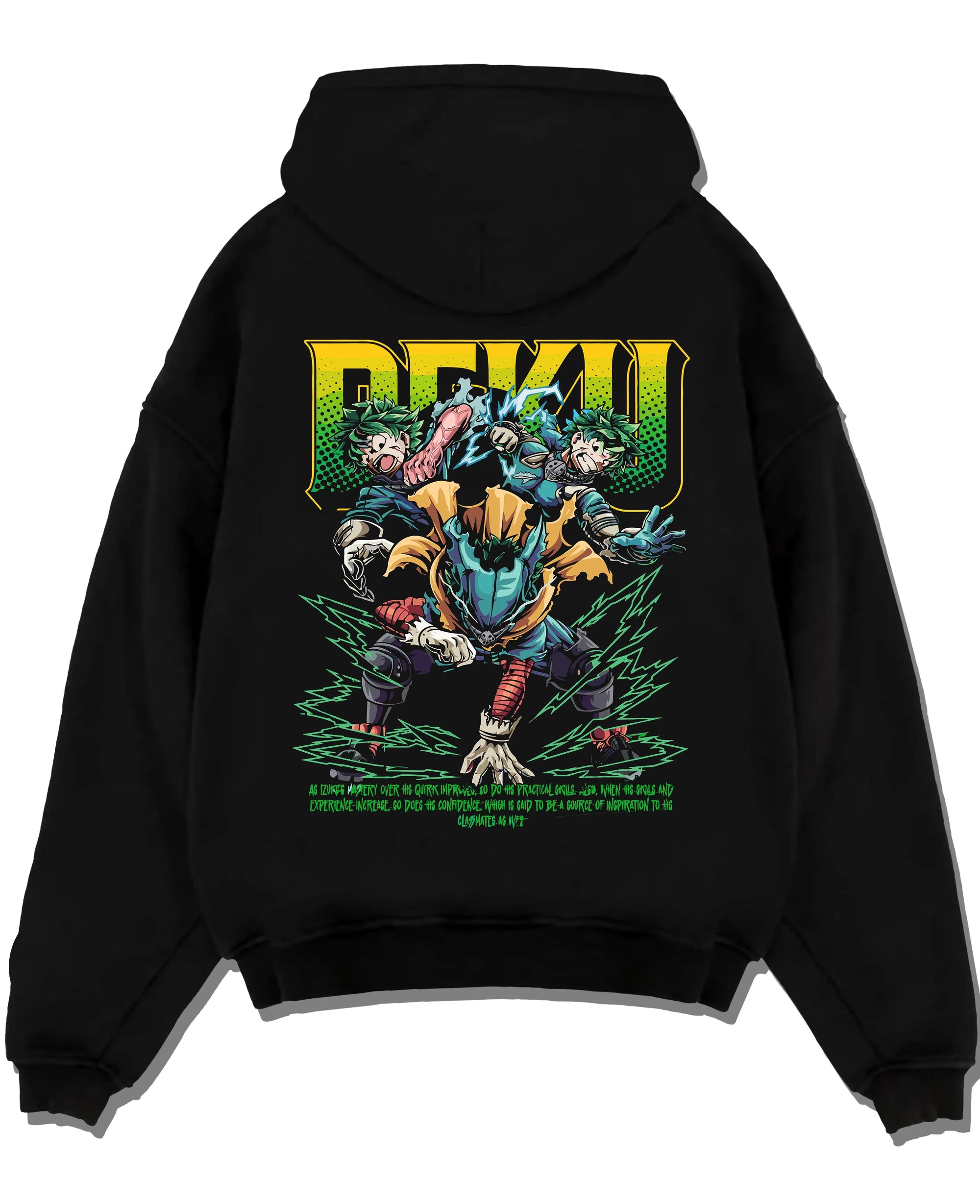Black pullover hoodie laid flat with Deku Hoodie My Hero Academia Villain Clash Retro Art graphic bold anime graphic.