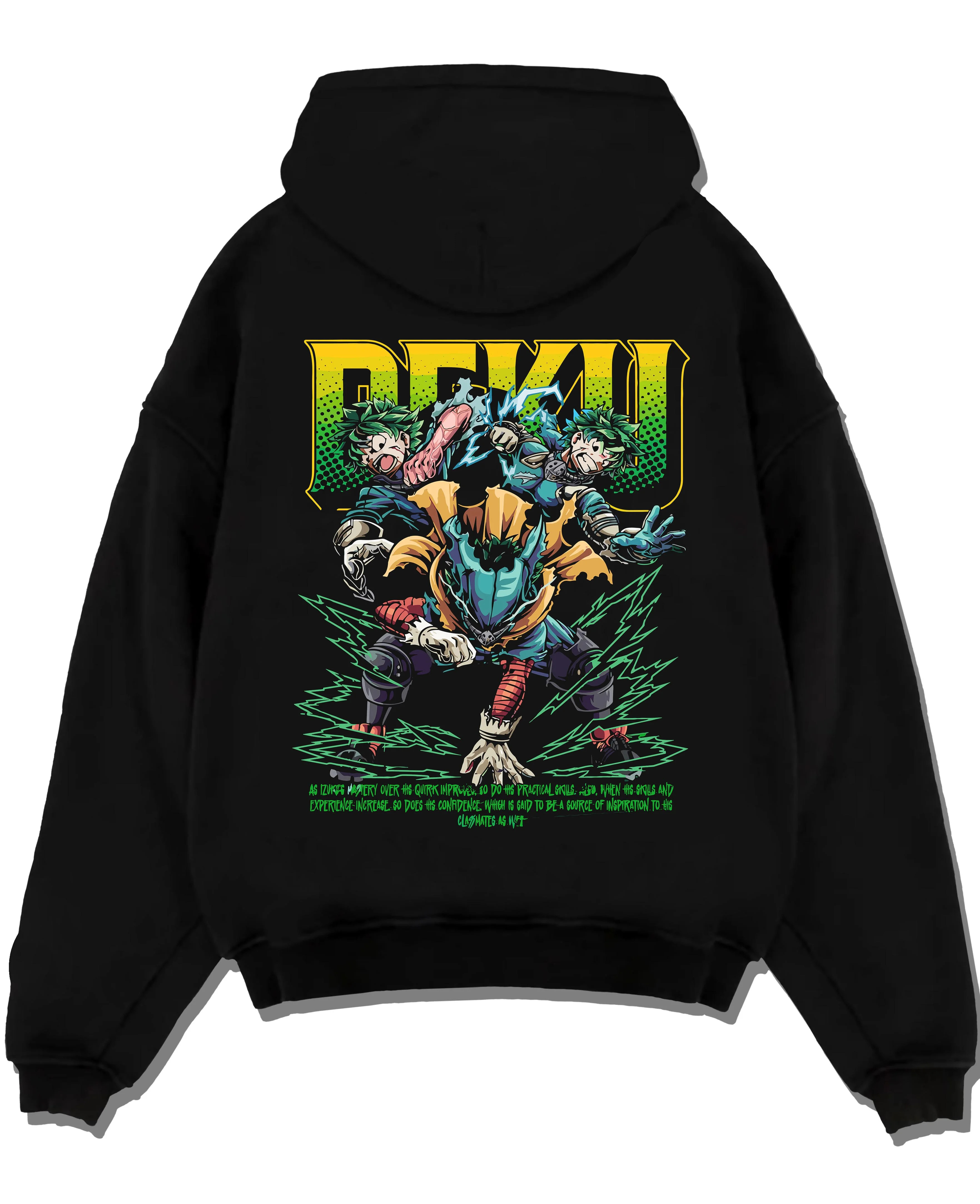 Black pullover hoodie laid flat with Deku Hoodie My Hero Academia Villain Clash Retro Art graphic bold anime graphic.