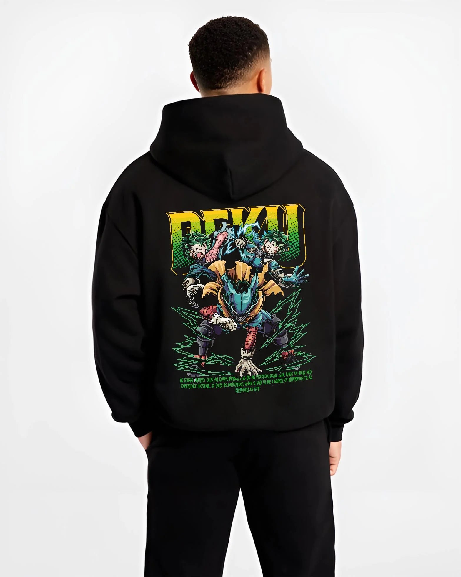 Black hoodie worn by male model, back view with Deku Hoodie My Hero Academia Villain Clash Retro Art graphic premium wear.