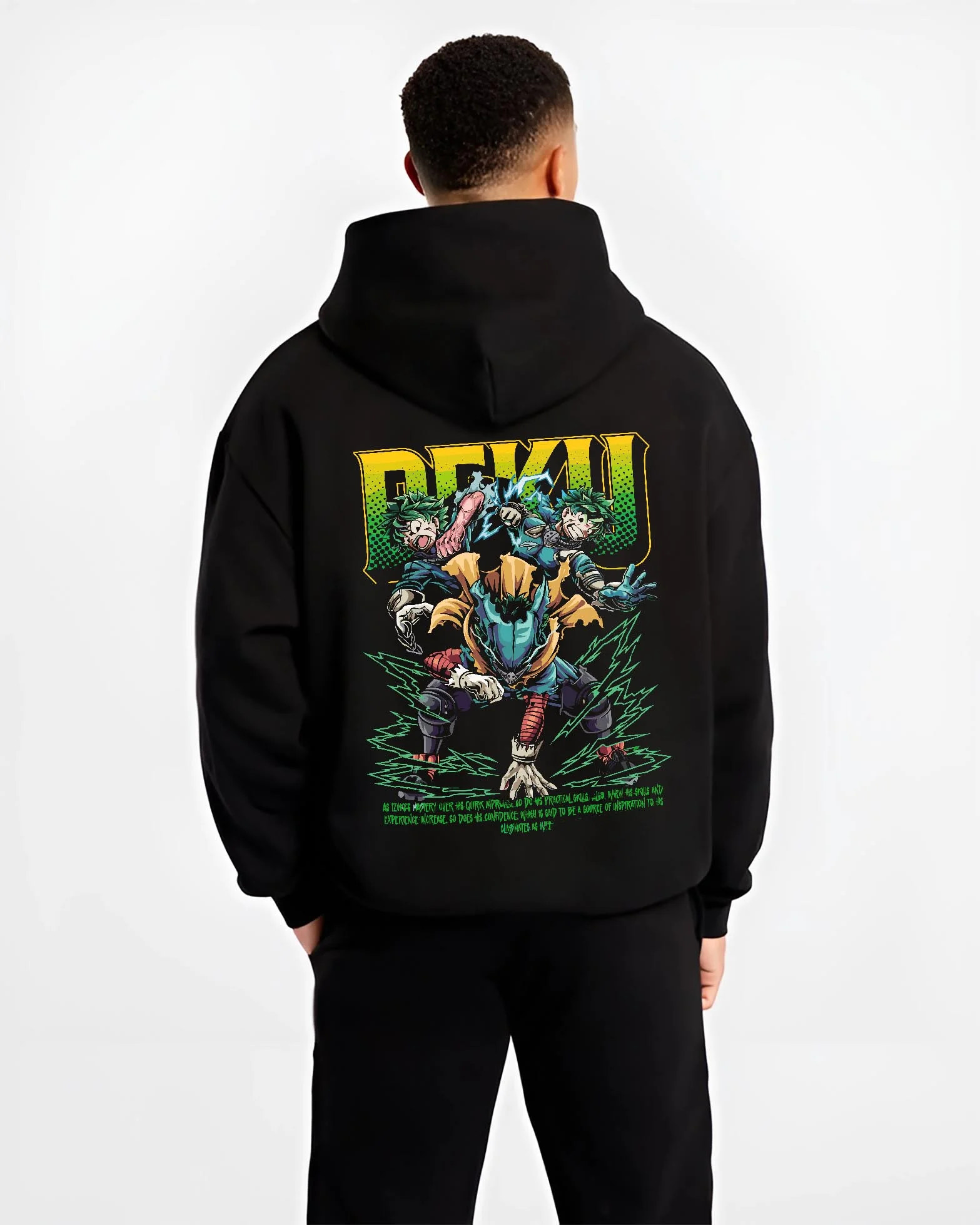 Black hoodie worn by male model, back view with Deku Hoodie My Hero Academia Villain Clash Retro Art graphic premium wear.