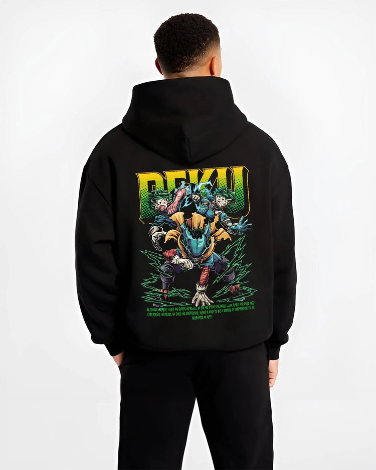 Black hoodie worn by male model, back view with Deku Hoodie My Hero Academia Villain Clash Retro Art graphic premium wear.