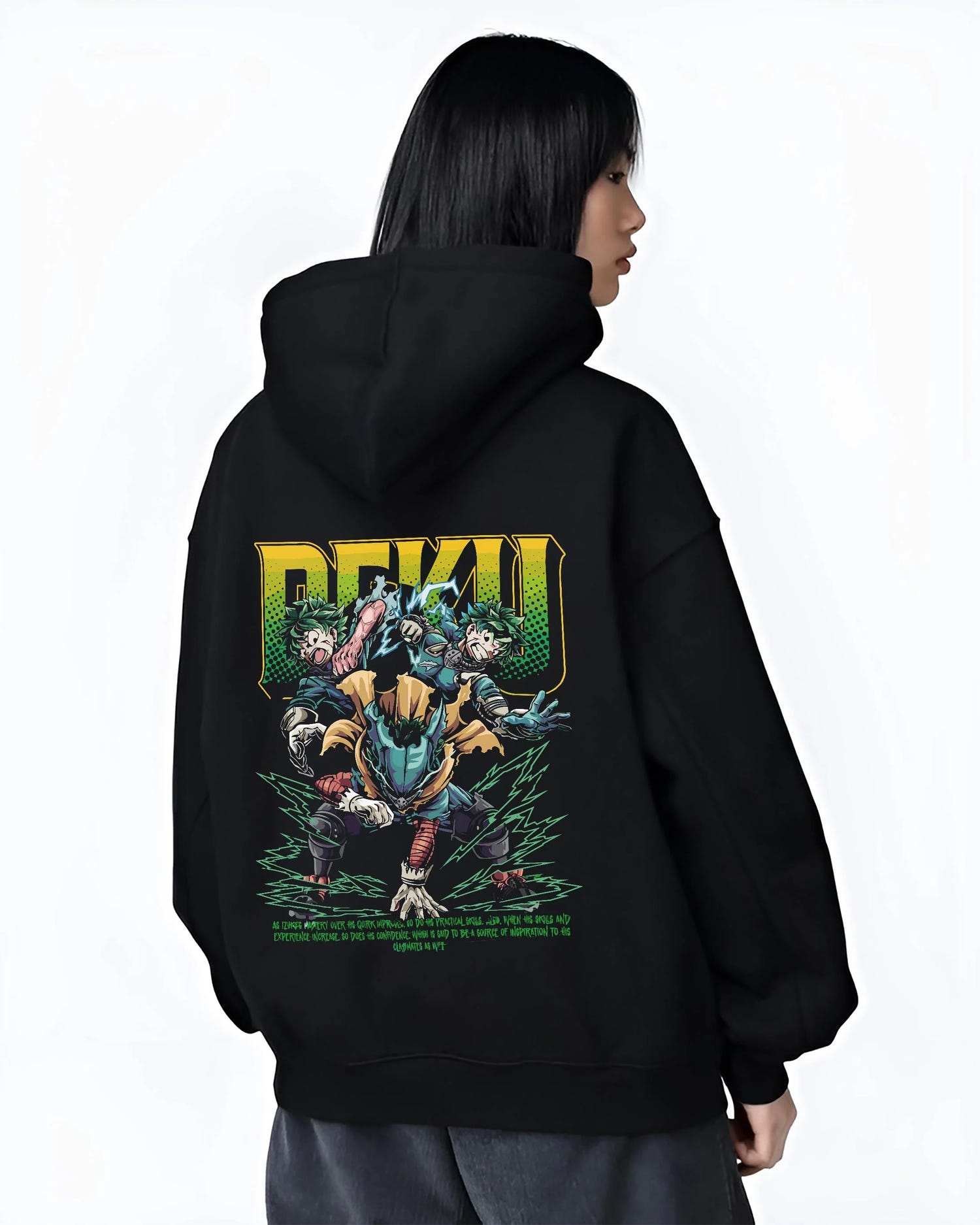 Black hoodie worn by female model, back view with Deku Hoodie My Hero Academia Villain Clash Retro Art graphic streetwear graphic.