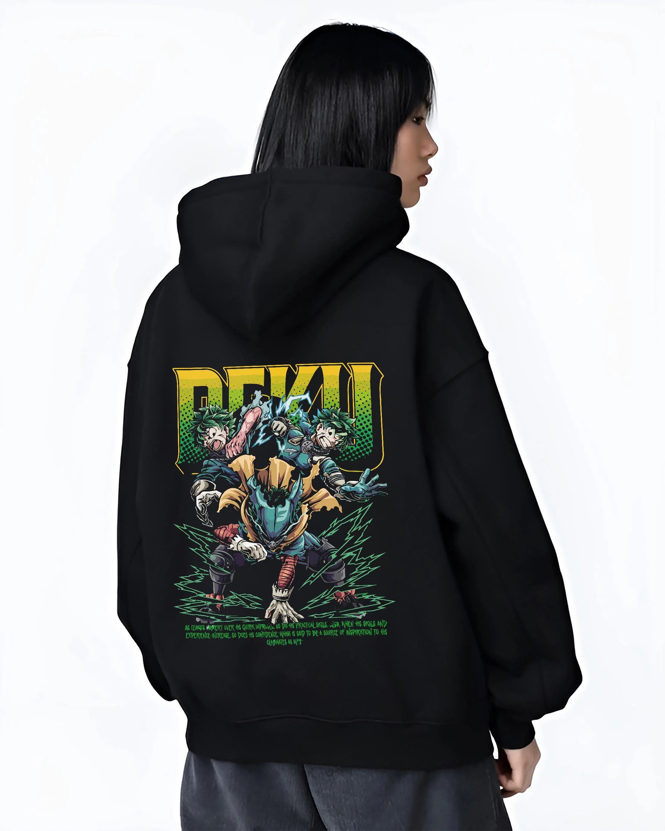 Black hoodie worn by female model, back view with Deku Hoodie My Hero Academia Villain Clash Retro Art graphic streetwear graphic.