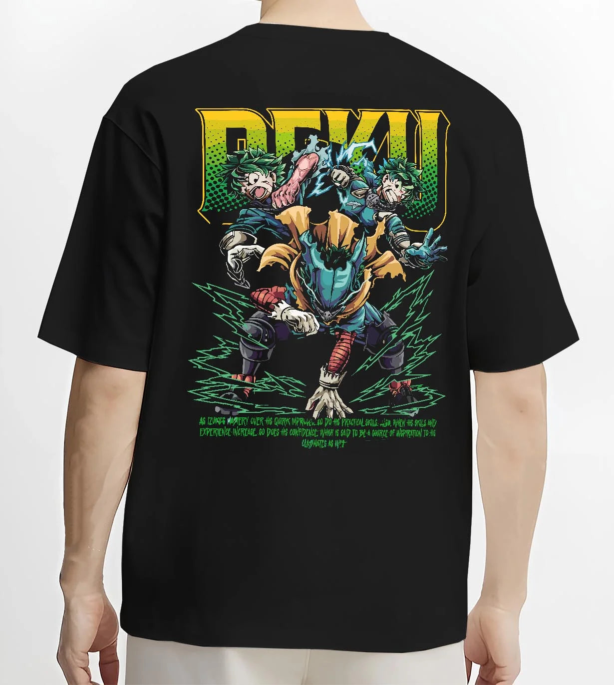 Black T-shirt worn by male model, back view with Deku Hoodie My Hero Academia Villain Clash Retro Art graphic premium wear.
