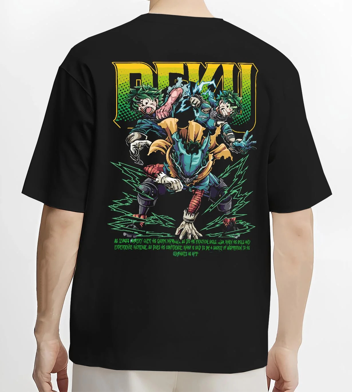 Black T-shirt worn by male model, back view with Deku Hoodie My Hero Academia Villain Clash Retro Art graphic premium wear.